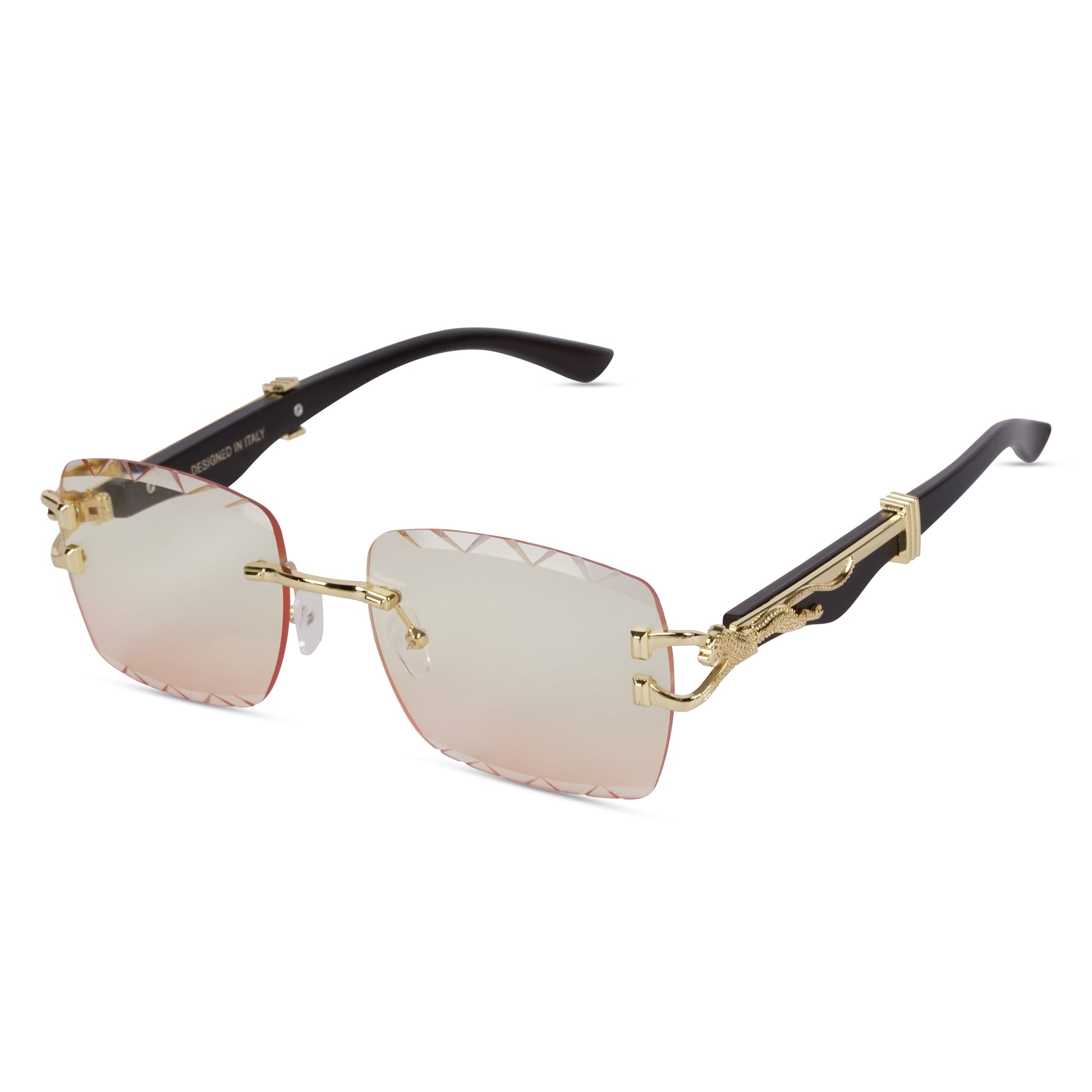 Erminio Palamino "Elite Designer Rimless Sunglasses with Gold Accents, Black Frame, Dark Lenses, Luxury Case