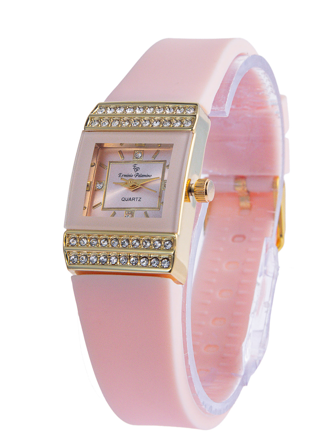 Erminio Palamino Ladies Luxury Quartz Watch, Gold-Tone Crystal Embellished, Vintage Square, Silicone Strap, Water Resistant