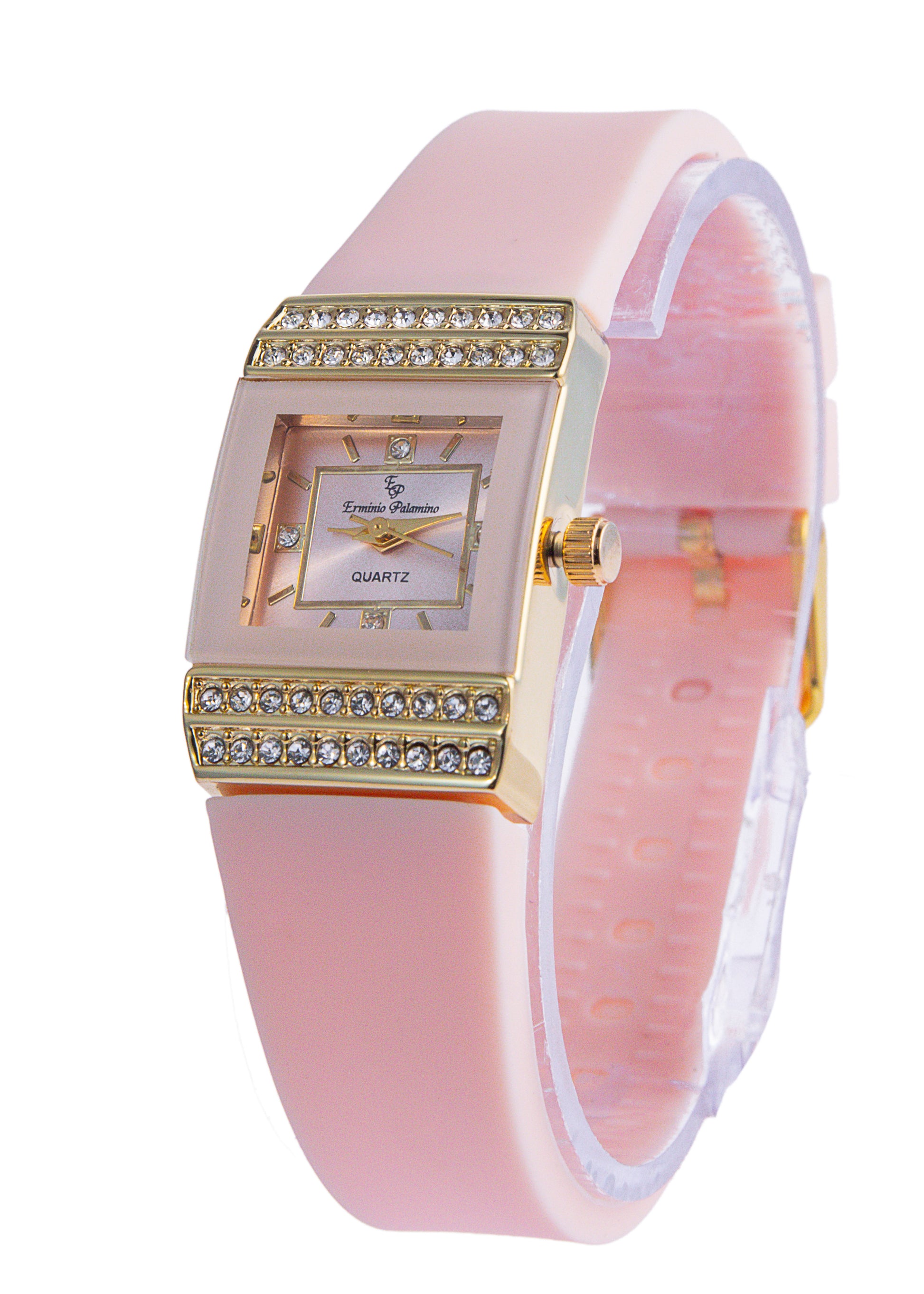 Erminio Palamino Ladies Luxury Quartz Watch, Gold-Tone Crystal Embellished, Vintage Square, Silicone Strap, Water Resistant
