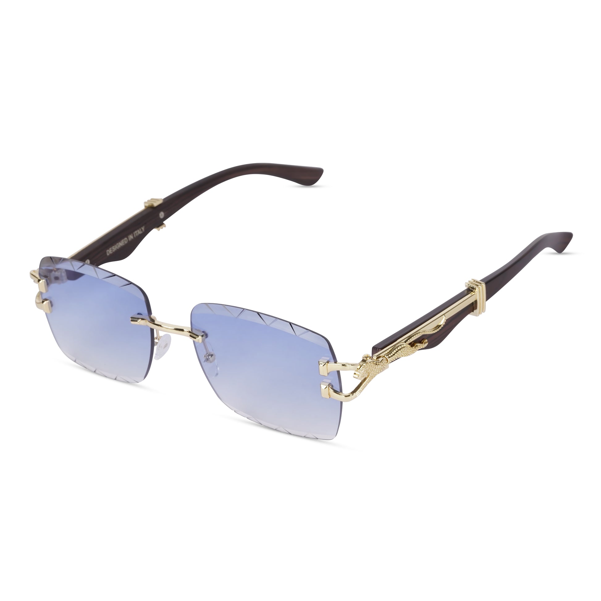 Erminio Palamino "Elite Designer Rimless Sunglasses with Gold Accents, Black Frame, Dark Lenses, Luxury Case