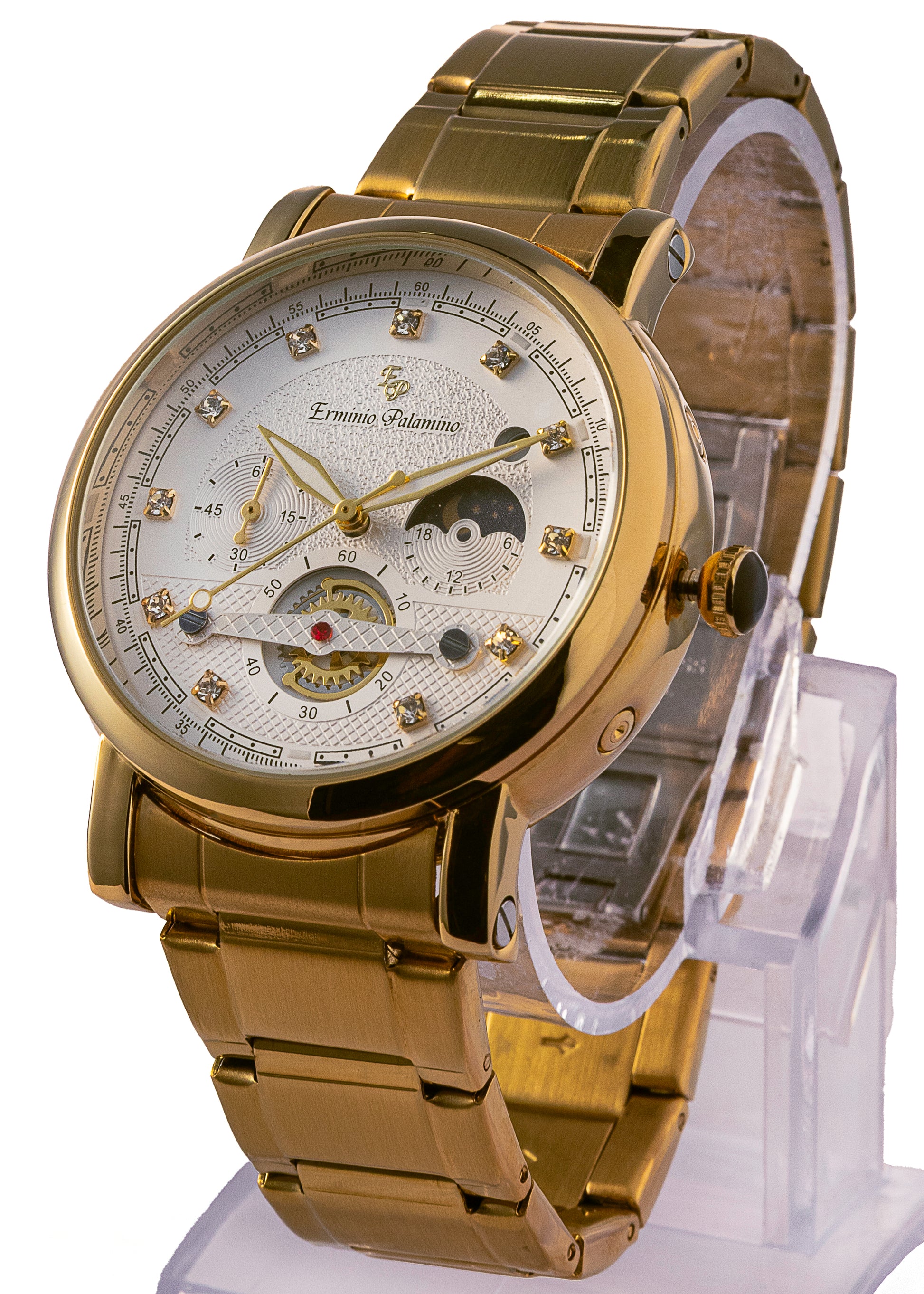 Erminio Palamino Gold-Tone Luxury Watch, Quartz Movement, Dial with Diamond Markers, Stainless Steel Band, Water Resistant