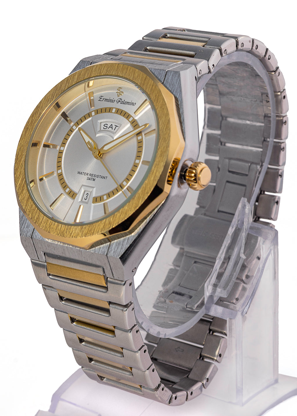 Erminio Palamino Royale Men's Luxury Watch, Two-Tone Gold and Silver, Textured Dial with Date Display, Water Resistant