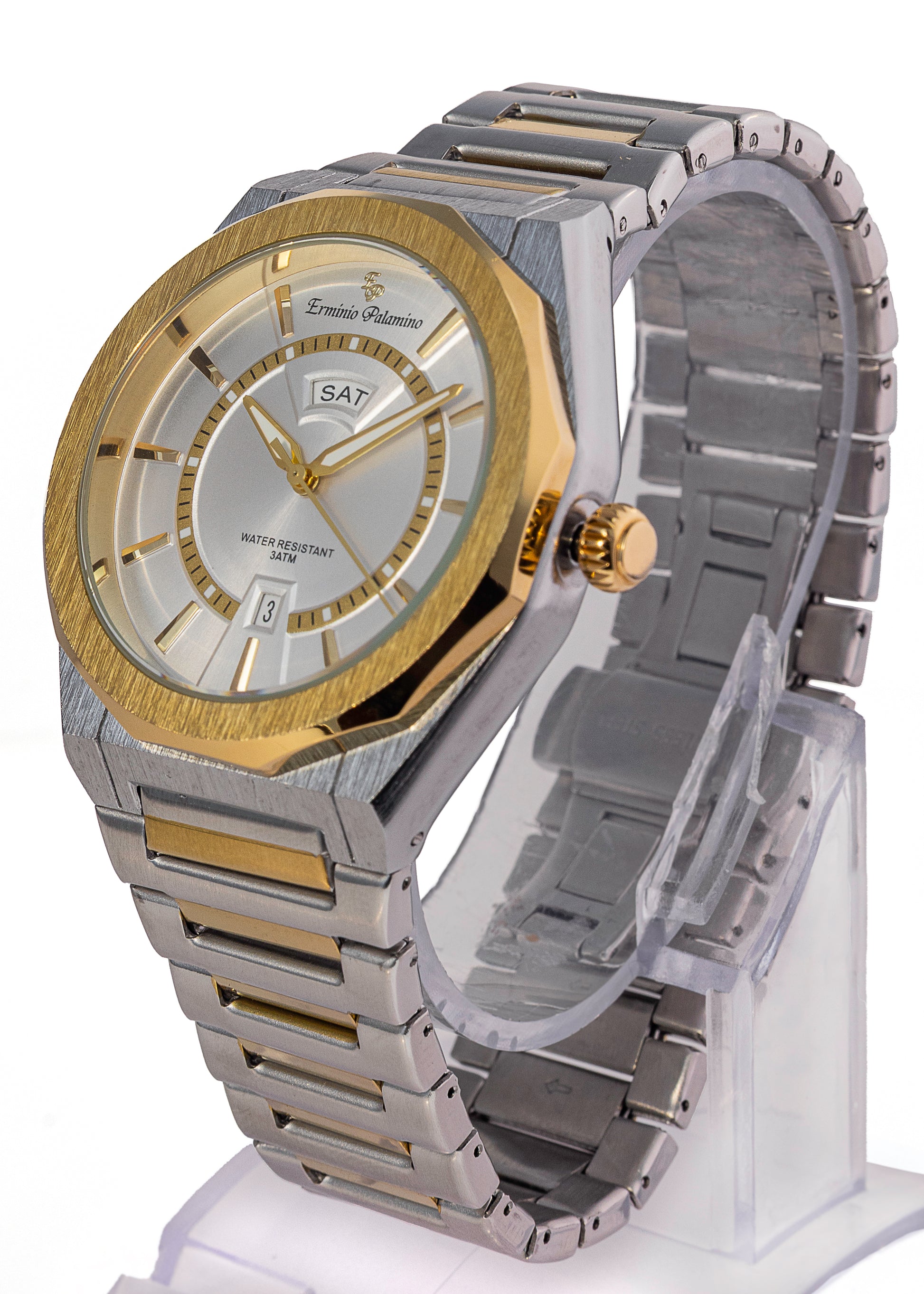 Erminio Palamino Royale Men's Luxury Watch, Two-Tone Gold and Silver, Textured Dial with Date Display, Water Resistant