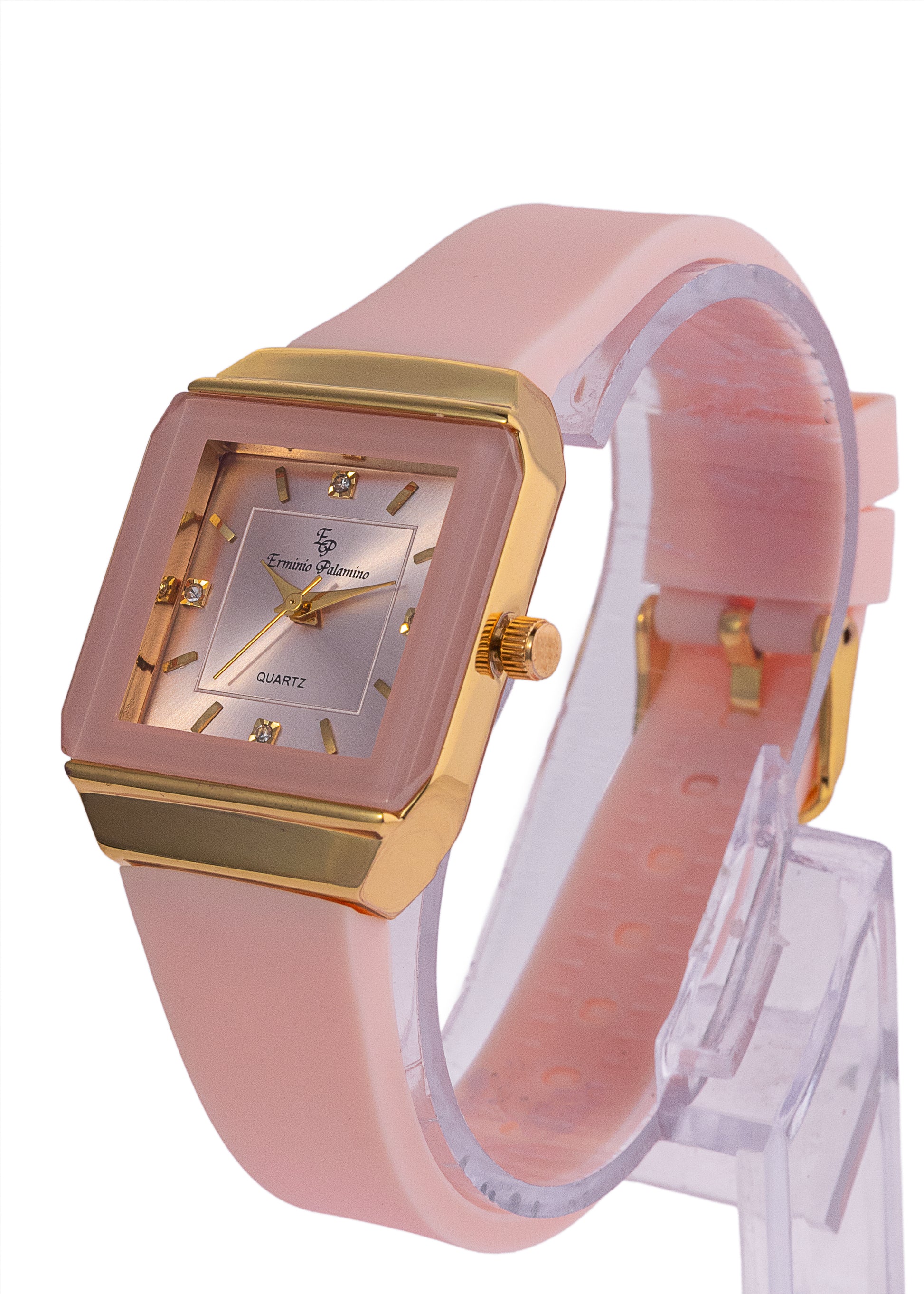 Erminio Palamino Ladies Elegant Square Quartz Watch, Slicone Band, Gold-Tone Case, Crystal Accents, Water Resistant