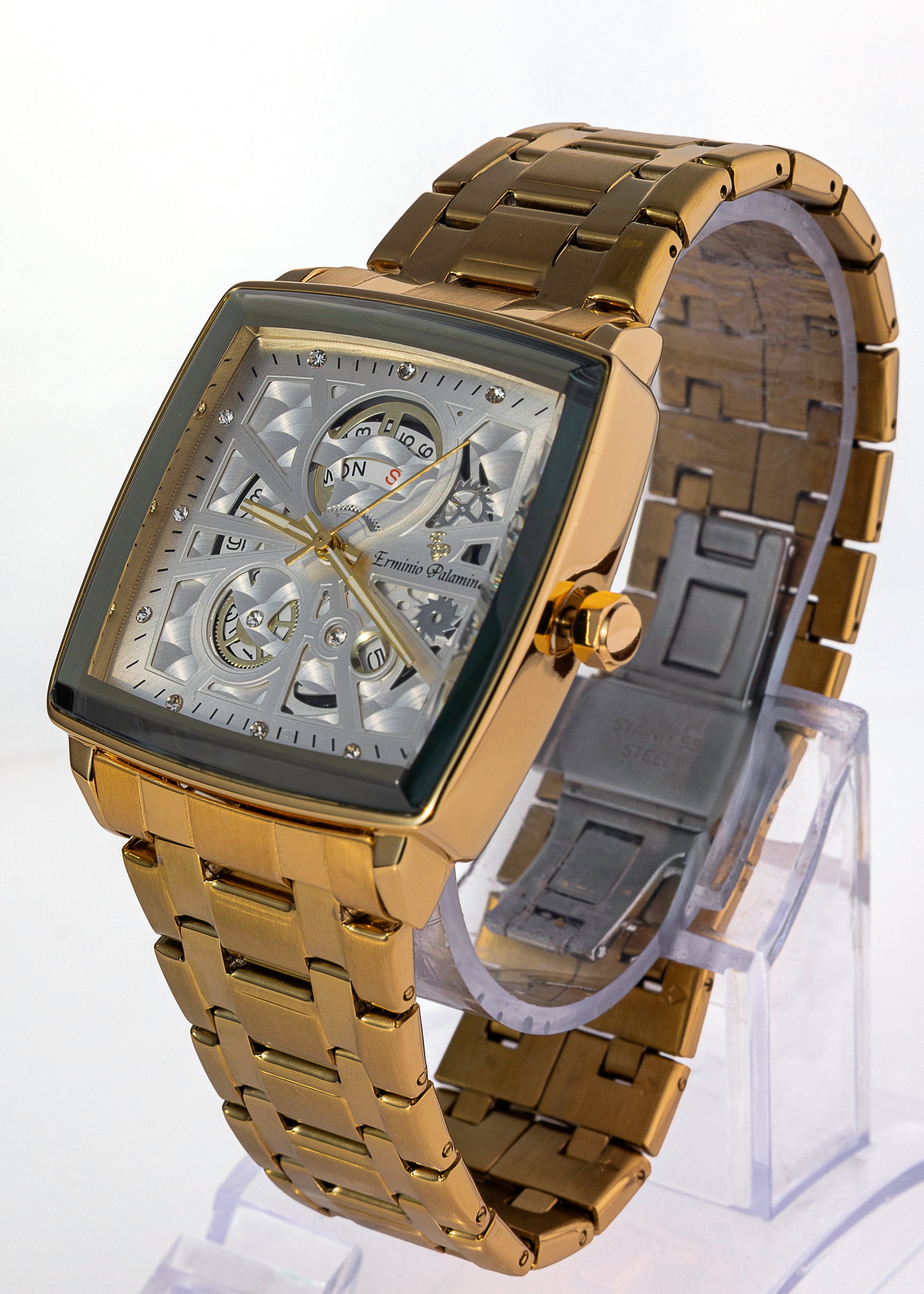 Erminio Palamino Royale - Luxury Skeleton Dial Quartz Square Men's Watch with Day-Date Display Stainless Steel Band, Water Resistant