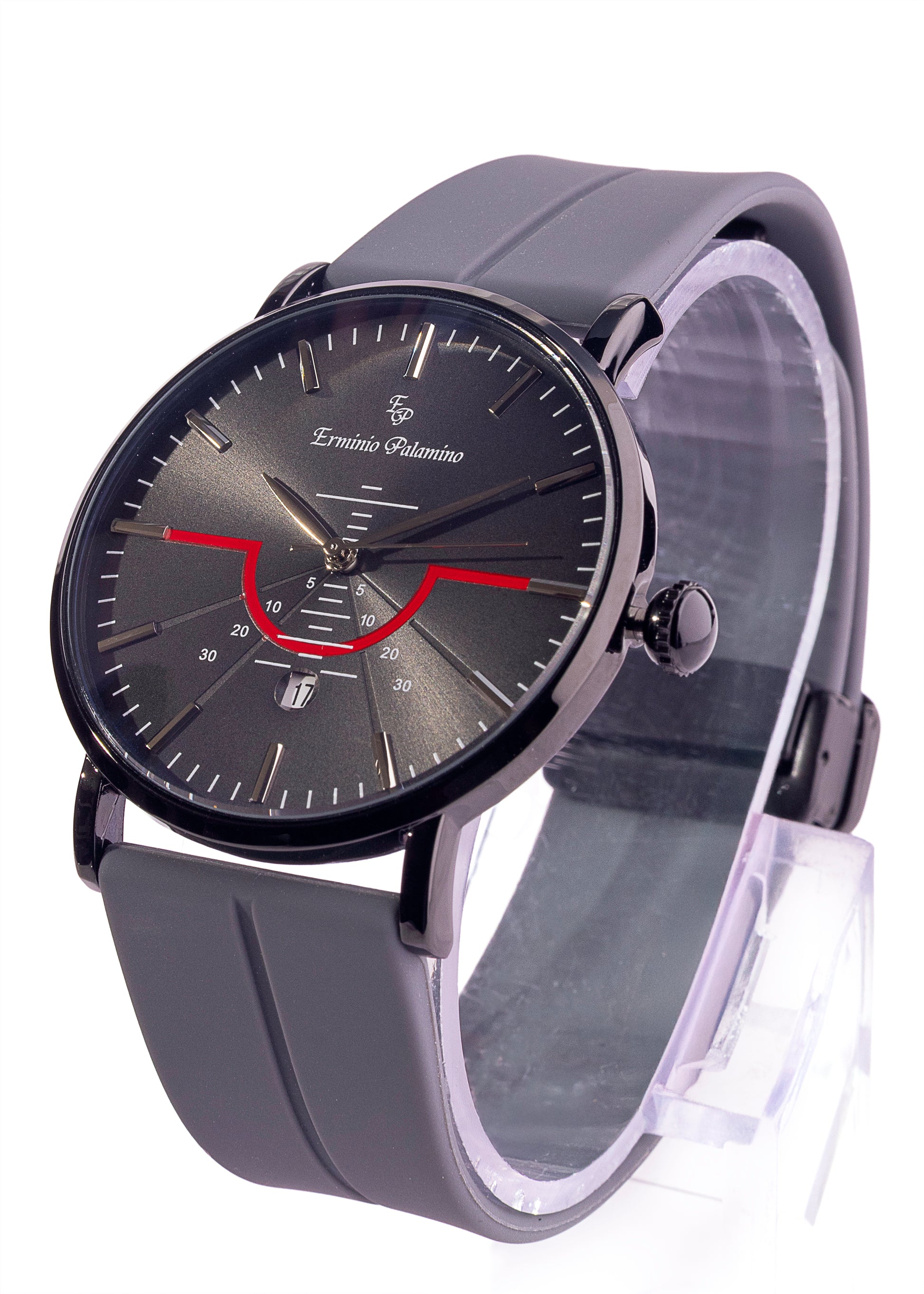 Erminio Palamino Men's Sleek Analog Watch, Modern Dial with Red Accent, Silicone Magnetic Band, Date Display, Water Resistant