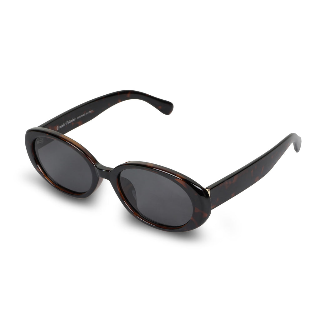 Erminio Palamino Oval Tortoiseshell Unisex Sunglasses, Dark Brown Frame with Grey Lenses, Retro Style