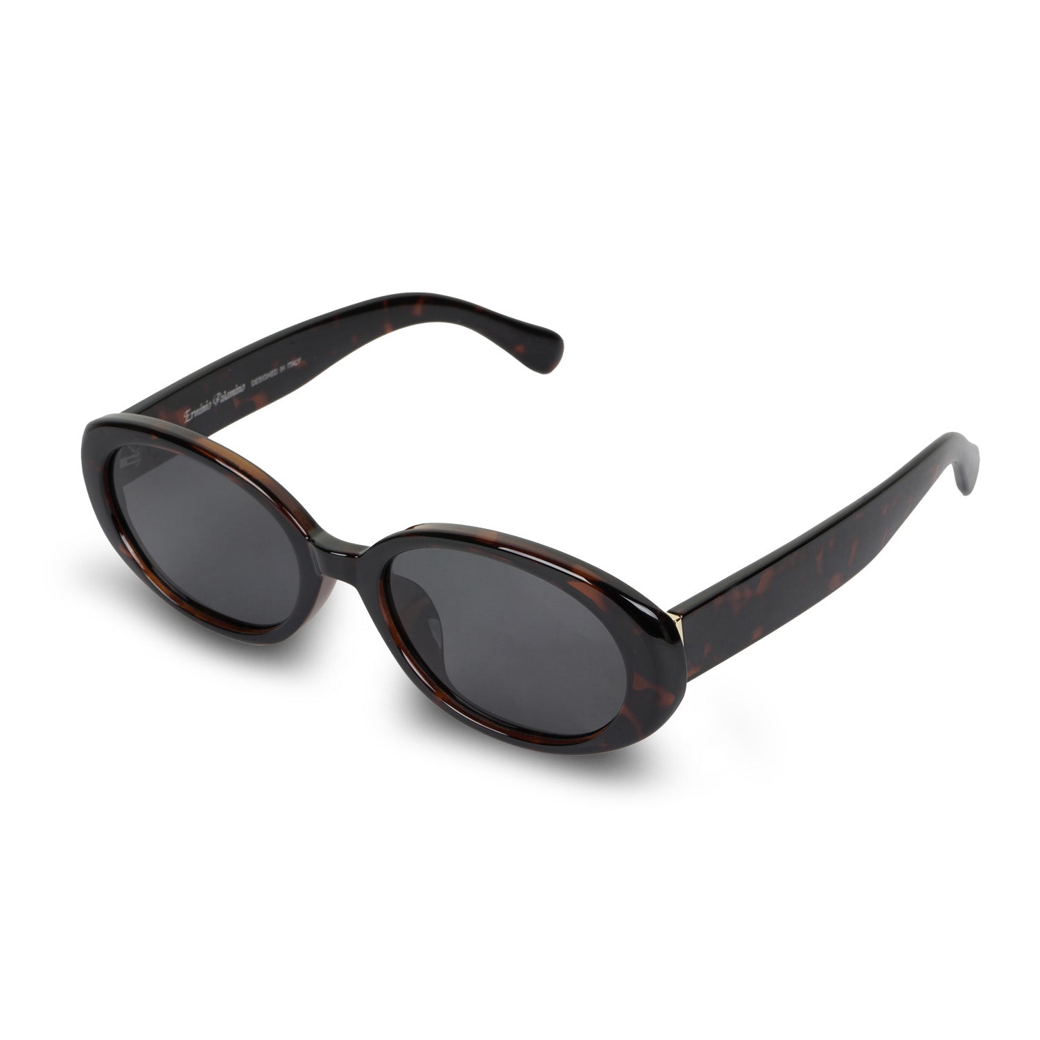 Erminio Palamino Oval Tortoiseshell Unisex Sunglasses, Dark Brown Frame with Grey Lenses, Retro Style