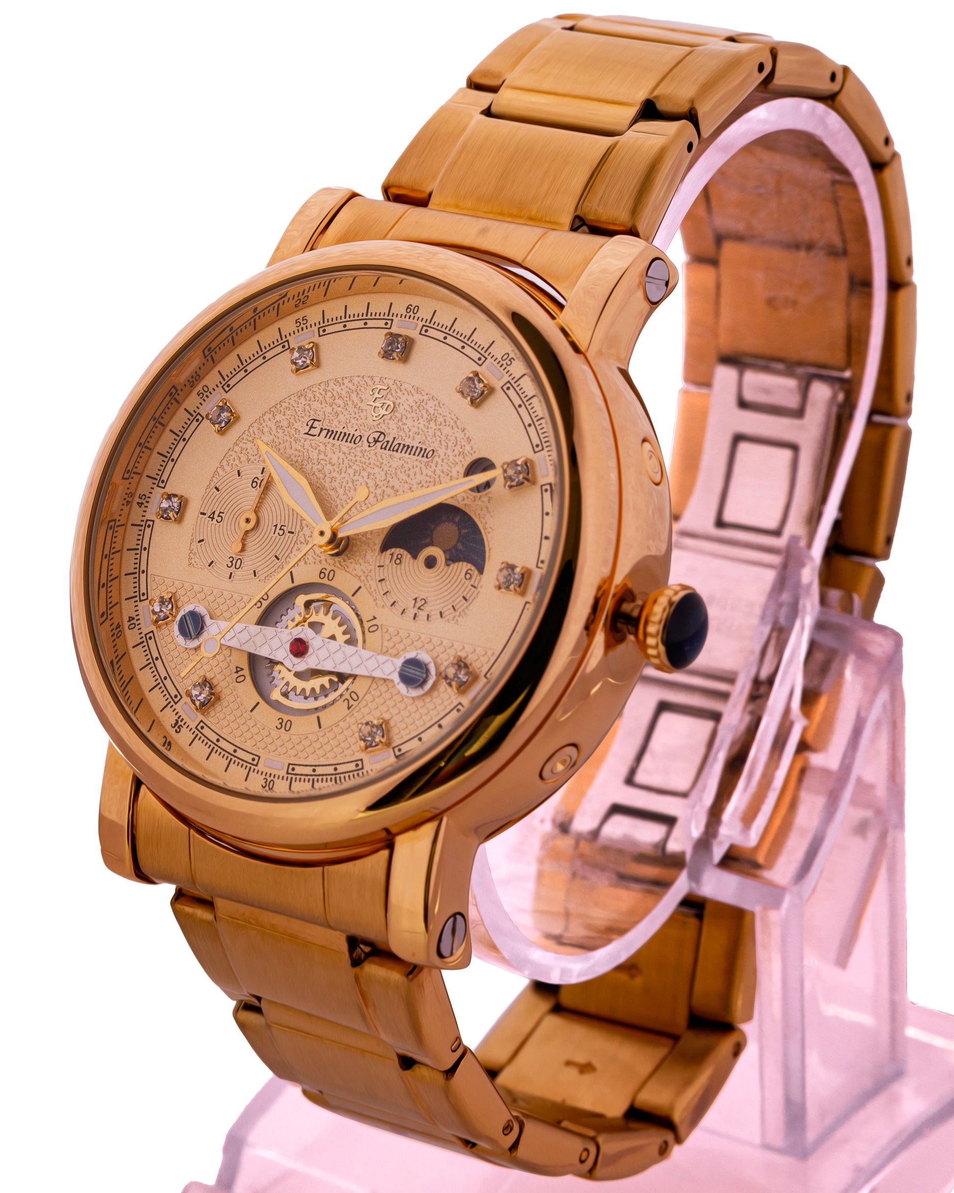 Erminio Palamino Gold-Tone Luxury Watch, Quartz Movement, Dial with Diamond Markers, Stainless Steel Band, Water Resistant
