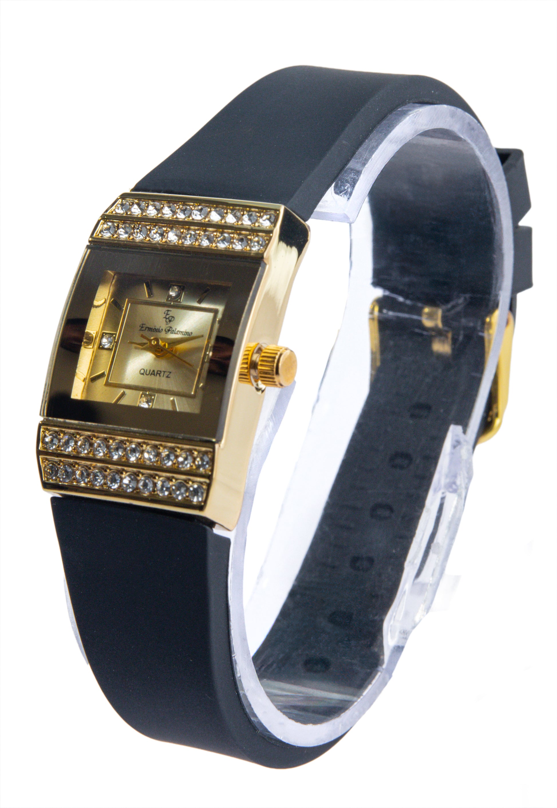 Erminio Palamino Ladies Luxury Quartz Watch, Gold-Tone Crystal Embellished, Vintage Square, Silicone Strap, Water Resistant