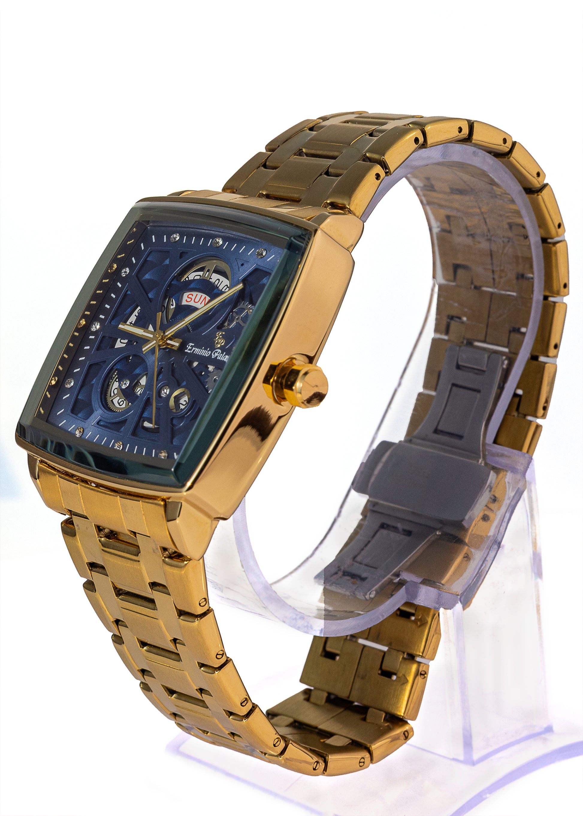 Erminio Palamino Royale - Luxury Skeleton Dial Quartz Square Men's Watch with Day-Date Display Stainless Steel Band, Water Resistant