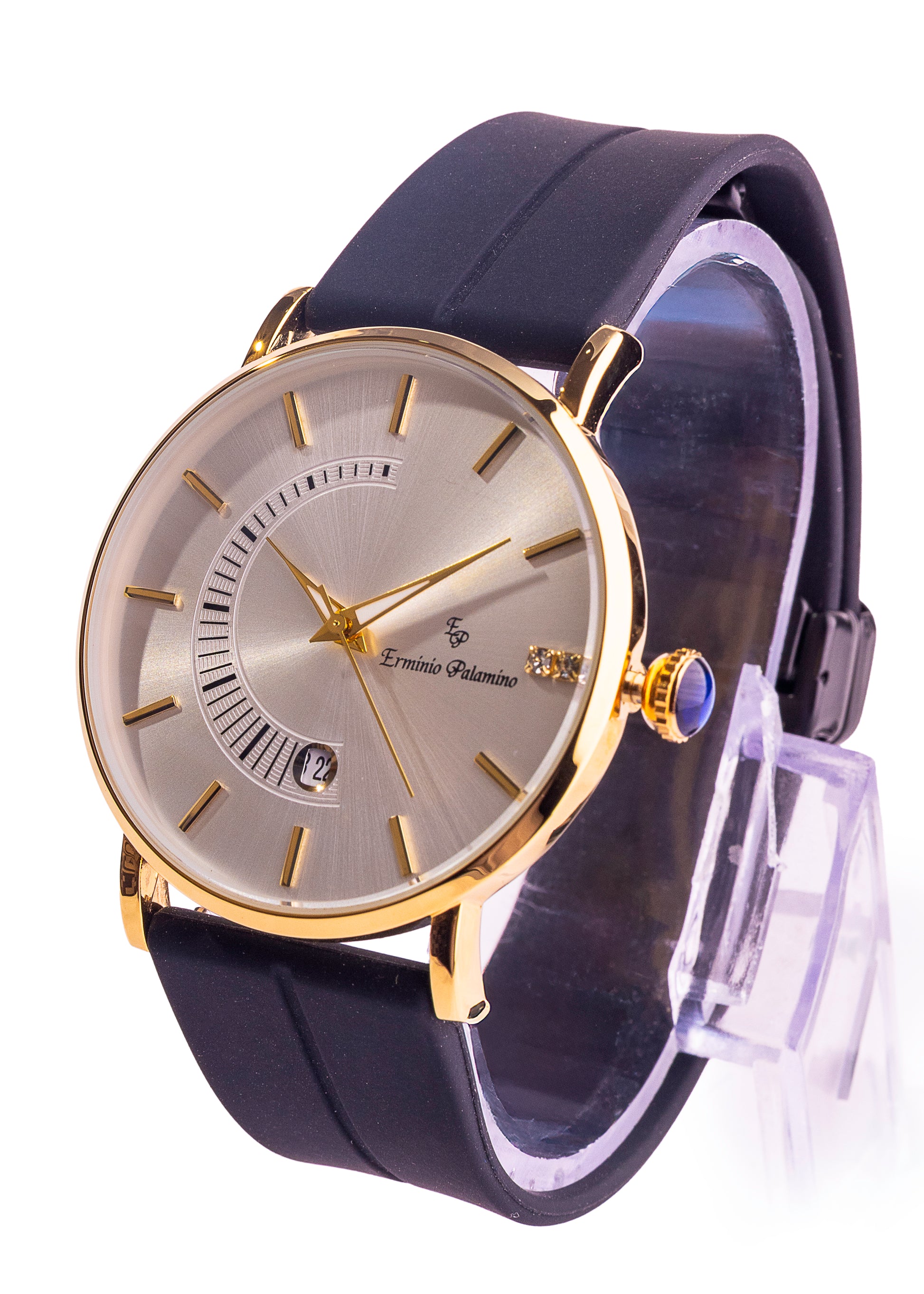 Erminio Palamino Sleek Dial Analog Men's Watch – Gold/Silver-Tone Case, Date Display, Adjustable Silicone Strap, Water Resistant