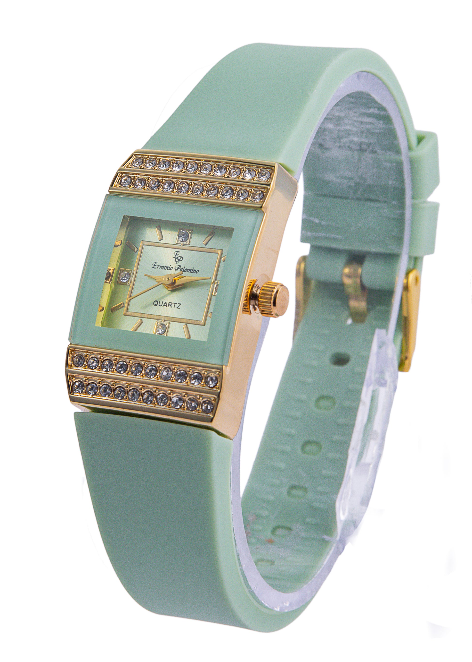 Erminio Palamino Ladies Luxury Quartz Watch, Gold-Tone Crystal Embellished, Vintage Square, Silicone Strap, Water Resistant