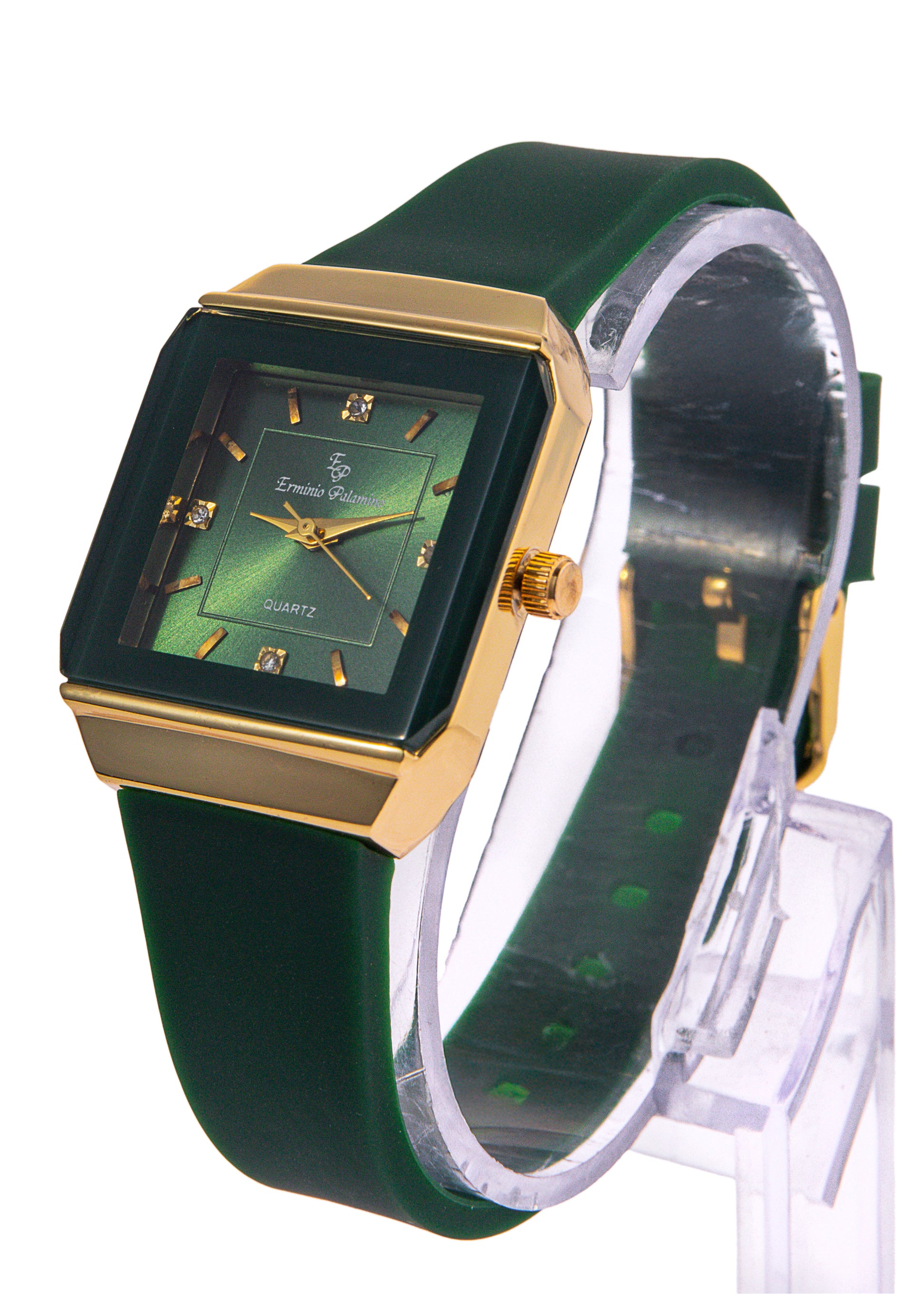 Erminio Palamino Ladies Elegant Square Quartz Watch, Slicone Band, Gold-Tone Case, Crystal Accents, Water Resistant