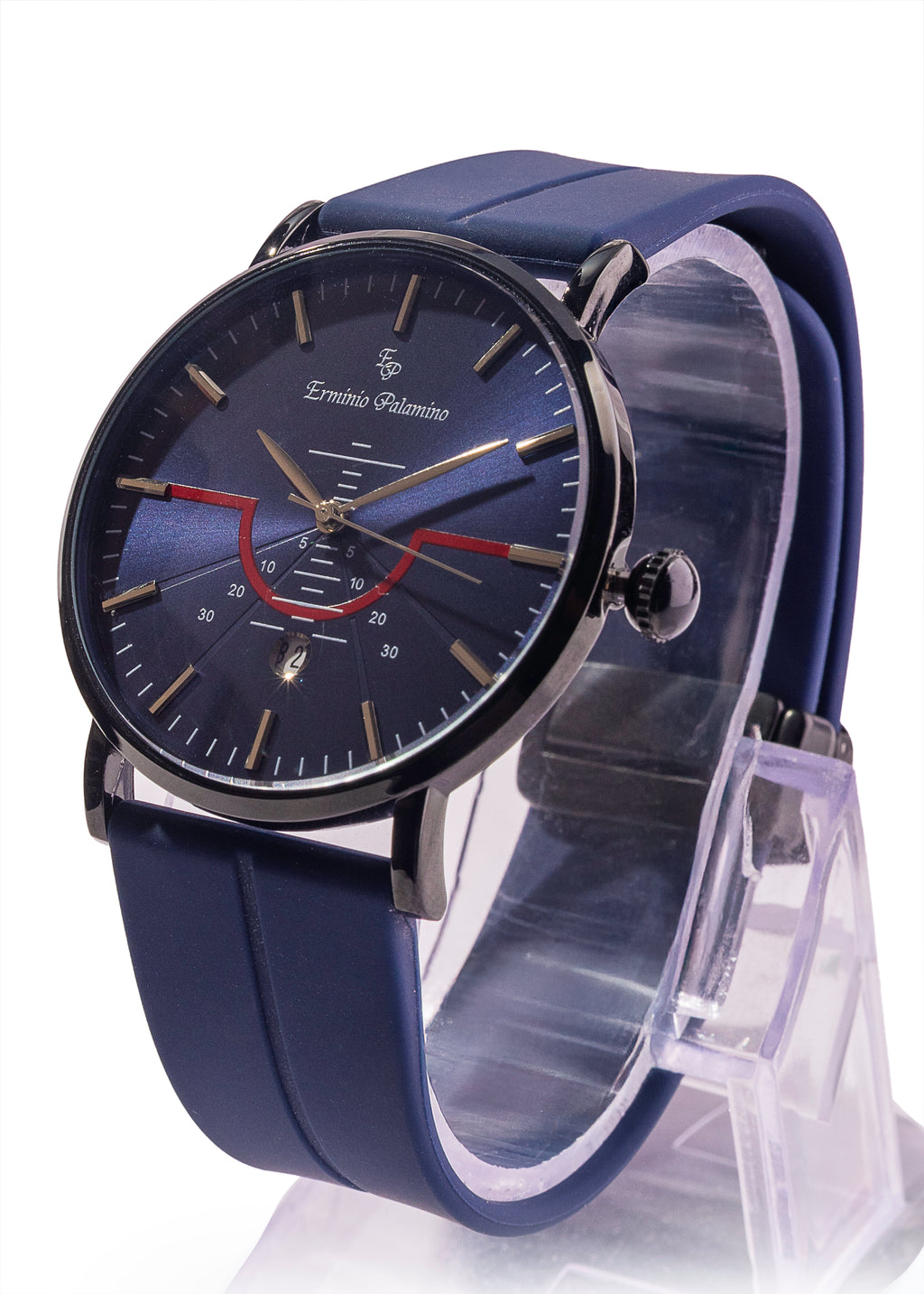 Erminio Palamino Men's Sleek Analog Watch, Modern Dial with Red Accent, Silicone Magnetic Band, Date Display, Water Resistant