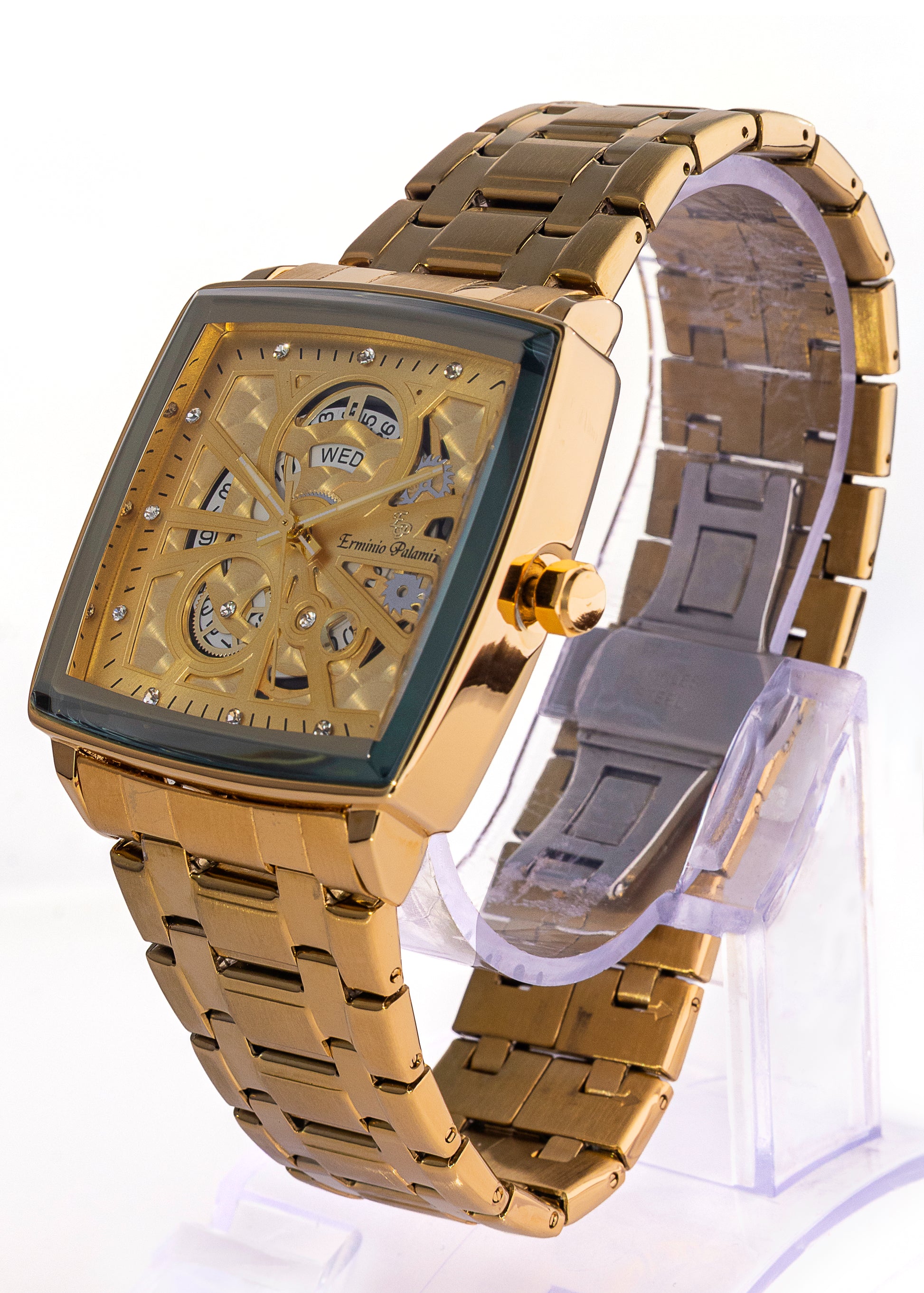 Erminio Palamino Royale - Luxury Skeleton Dial Quartz Square Men's Watch with Day-Date Display Stainless Steel Band, Water Resistant