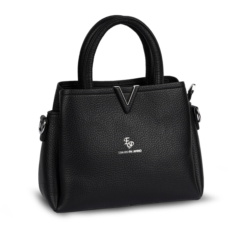 Erminio Palamino Premium Leather Handbag, Textured Tote with V-Detail, Double Handle Shoulder Bag with Zip Closure
