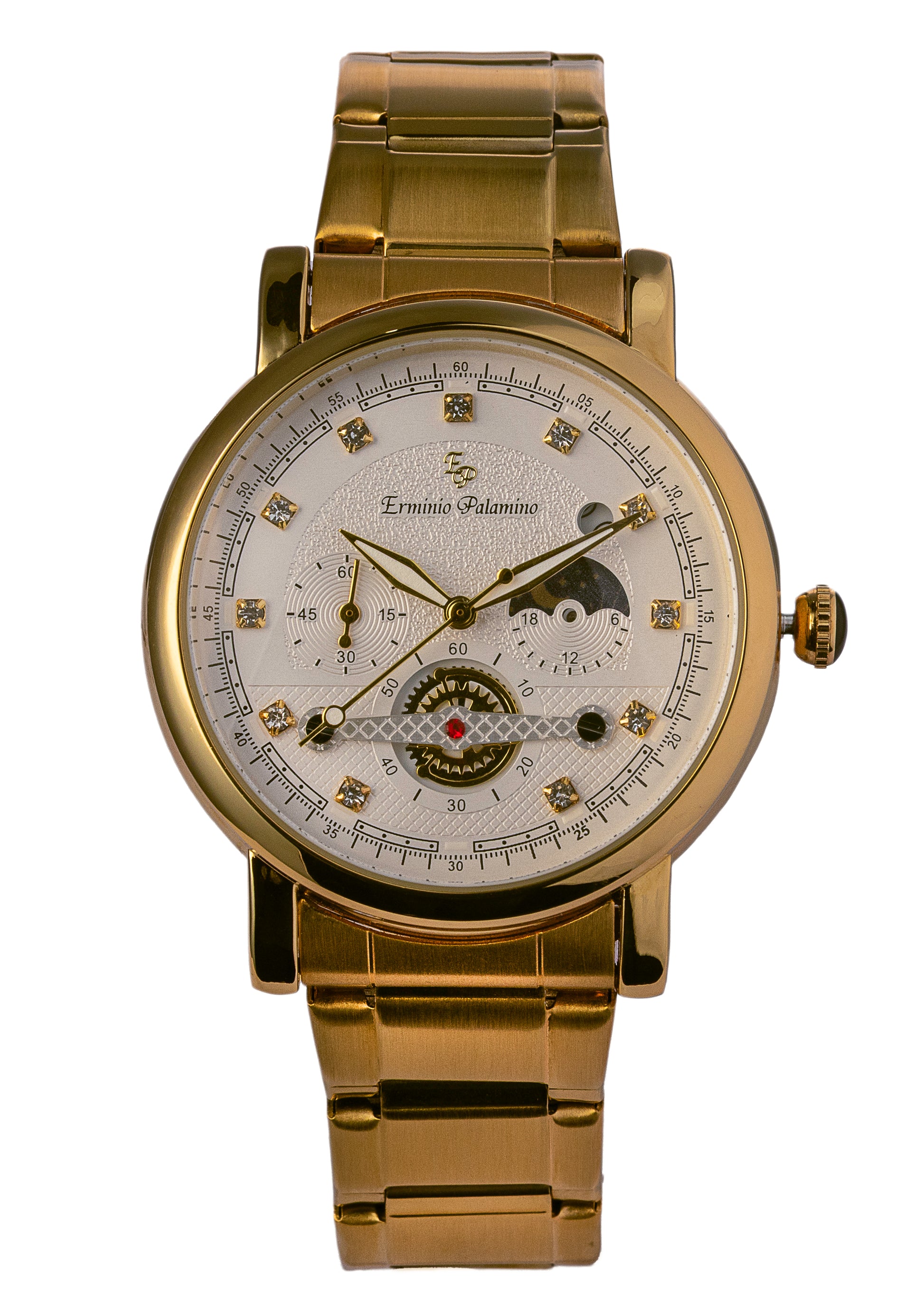 Erminio Palamino Gold-Tone Luxury Watch, Quartz Movement, Dial with Diamond Markers, Stainless Steel Band, Water Resistant