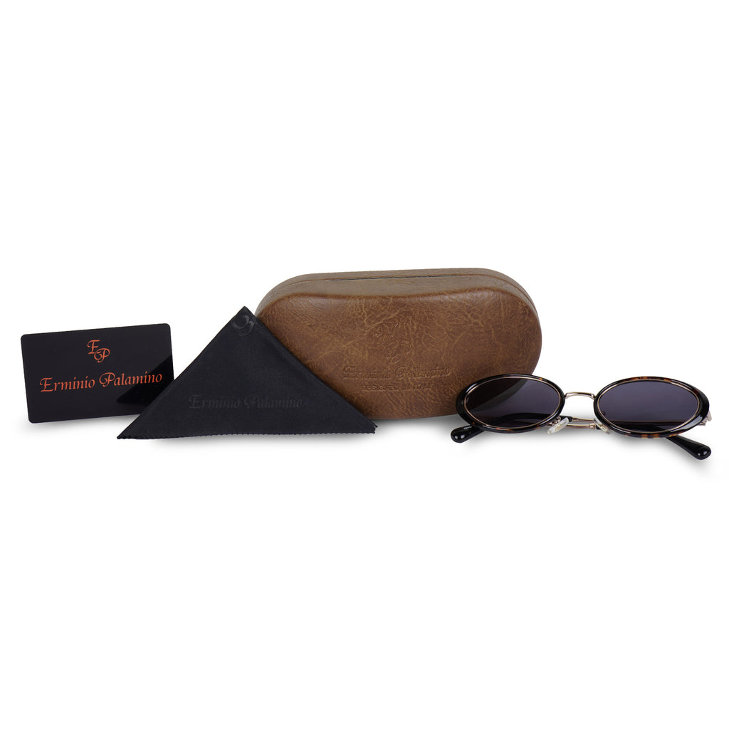 Erminio Palamino Unisex Oval Sunglasses with Tortoiseshell Frame, Silver Metal Arms, and Grey Lenses