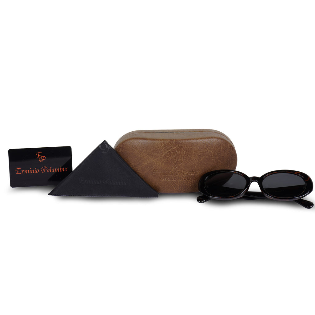 Erminio Palamino Oval Tortoiseshell Unisex Sunglasses, Dark Brown Frame with Grey Lenses, Retro Style
