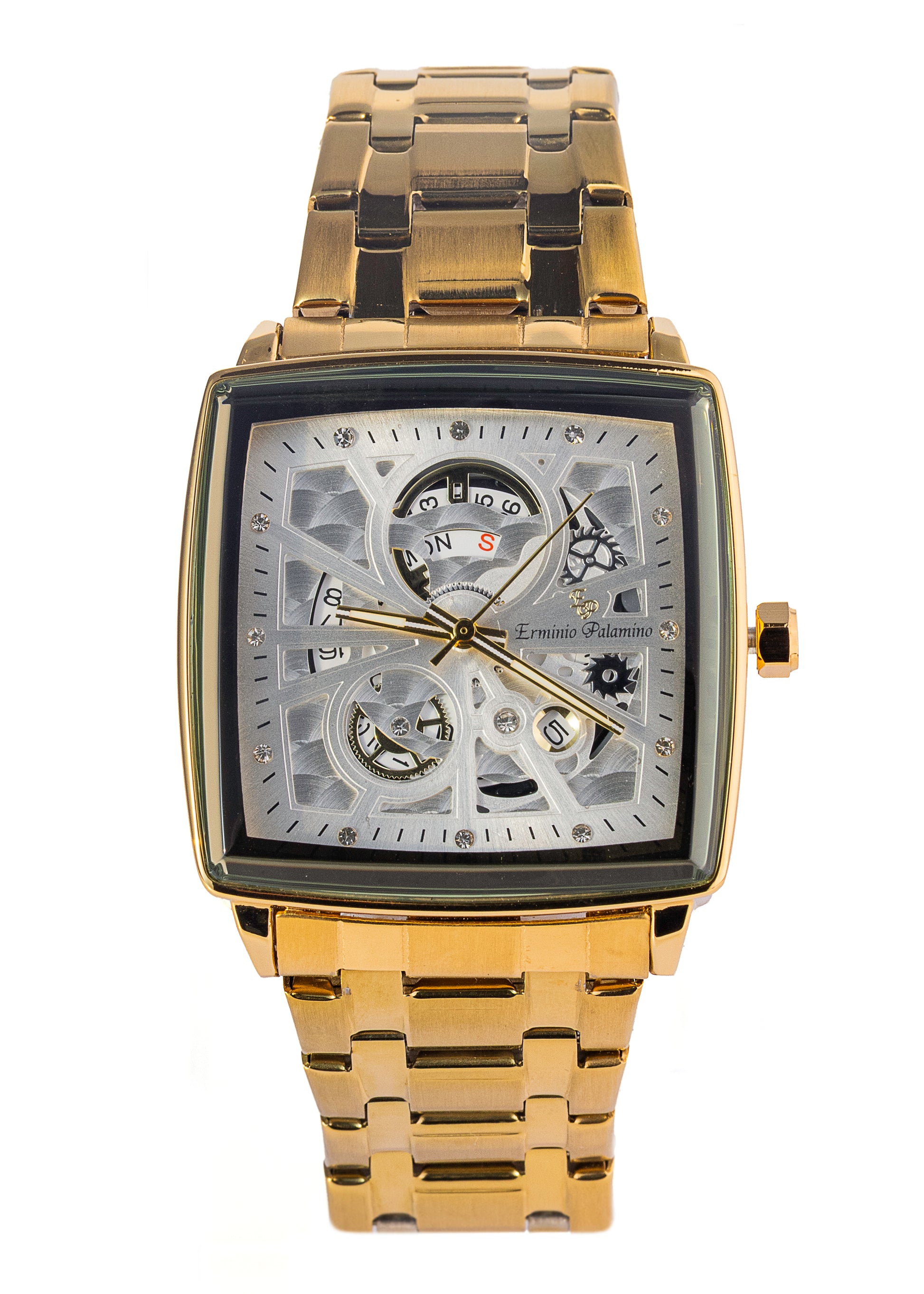 Erminio Palamino Royale - Luxury Skeleton Dial Quartz Square Men's Watch with Day-Date Display Stainless Steel Band, Water Resistant