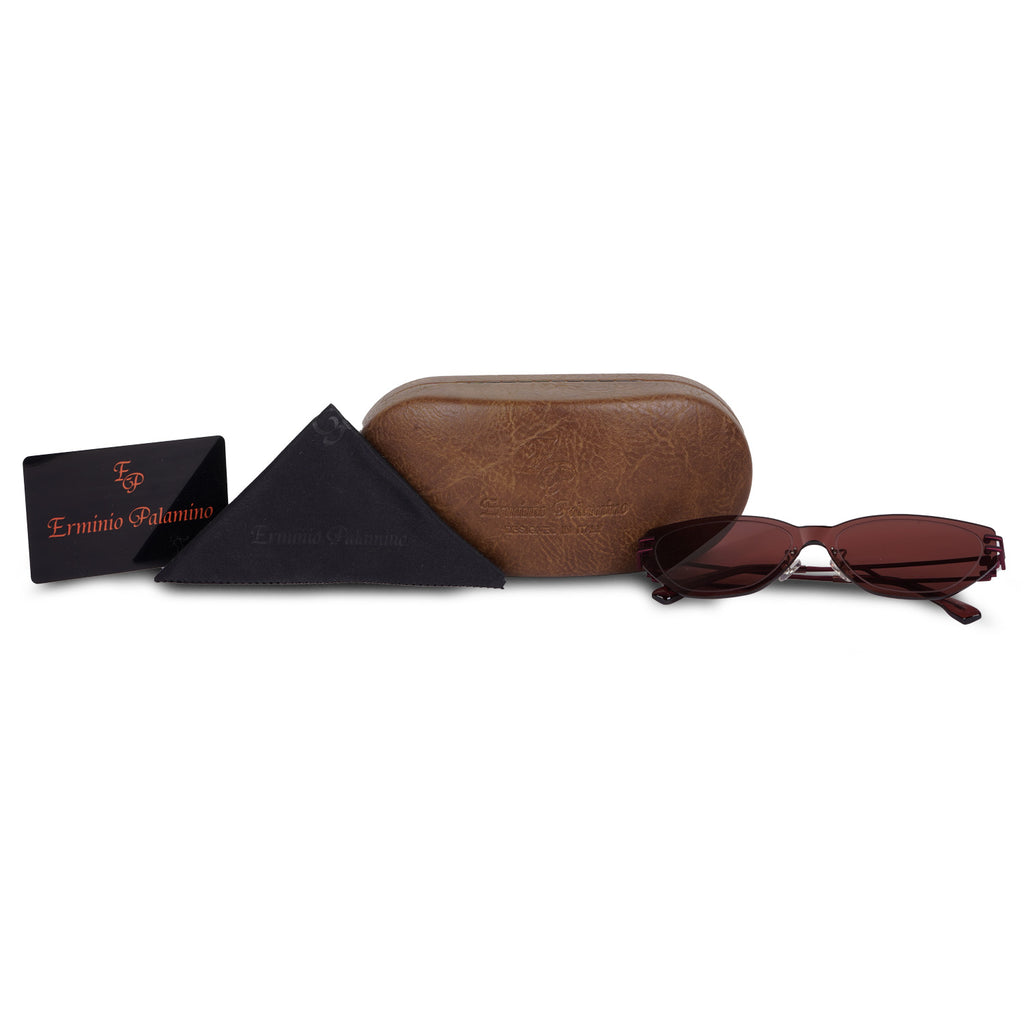 Erminio Palamino Unisex Rimless Cat-Eye Sunglasses, Brown Tinted Lens, Burgundy Metal Frame, Geometric Temple Design