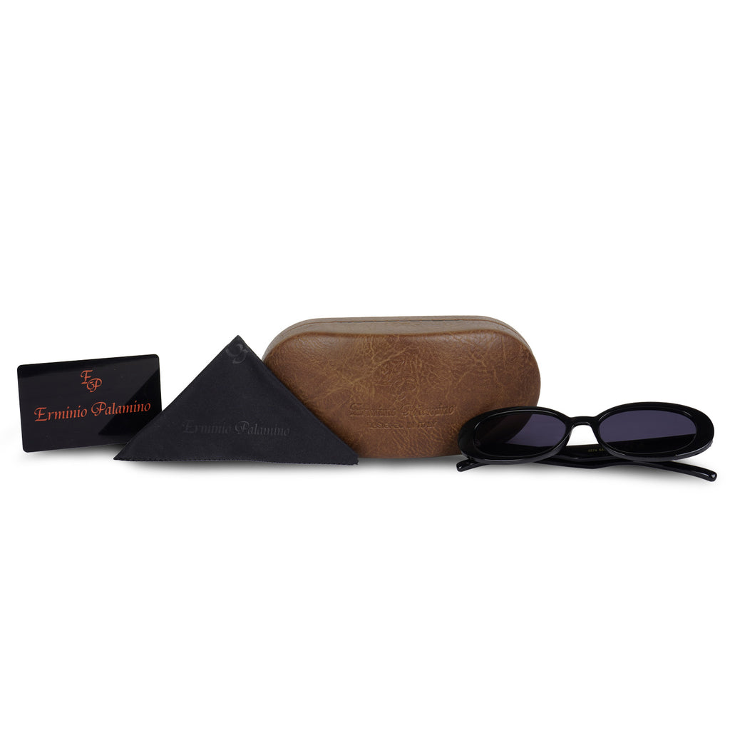Erminio Palamino Oval Sunglasses, Black Frame, Smoke Tinted Polycarbonate Lenses, UV400 Protection, Unisex