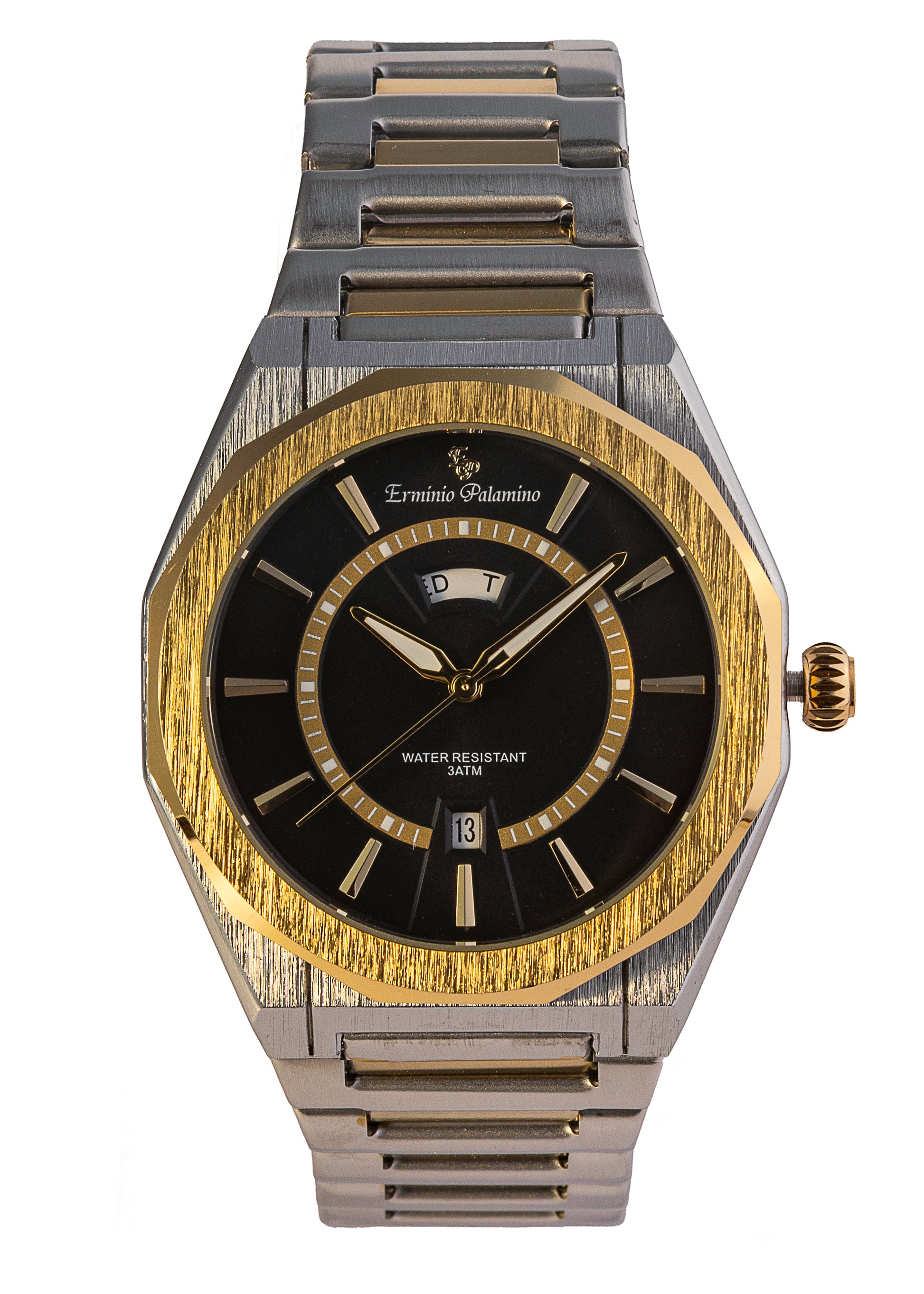 Erminio Palamino Royale Men's Luxury Watch, Two-Tone Gold and Silver, Textured Dial with Date Display, Water Resistant