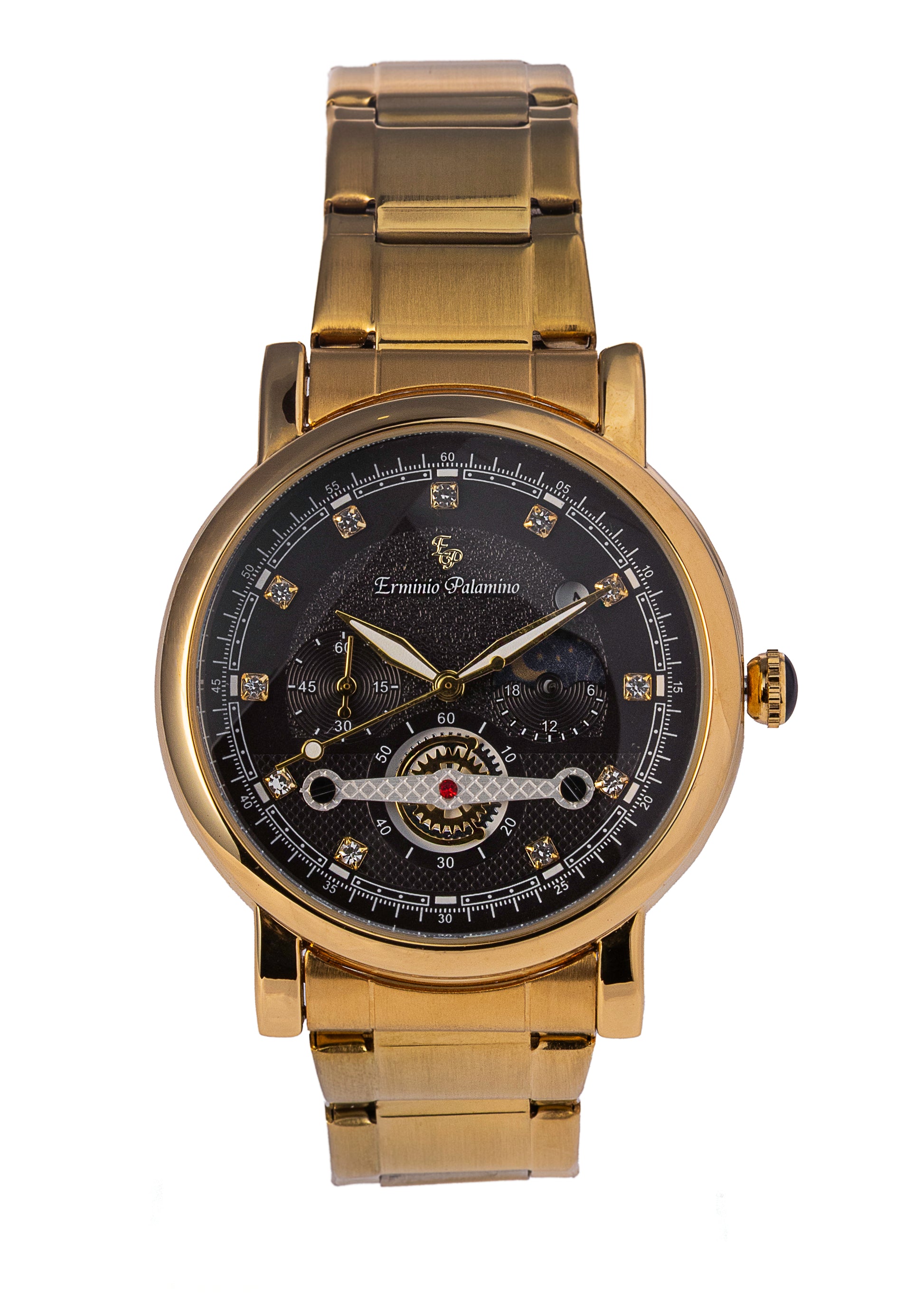 Erminio Palamino Gold-Tone Luxury Watch, Quartz Movement, Dial with Diamond Markers, Stainless Steel Band, Water Resistant