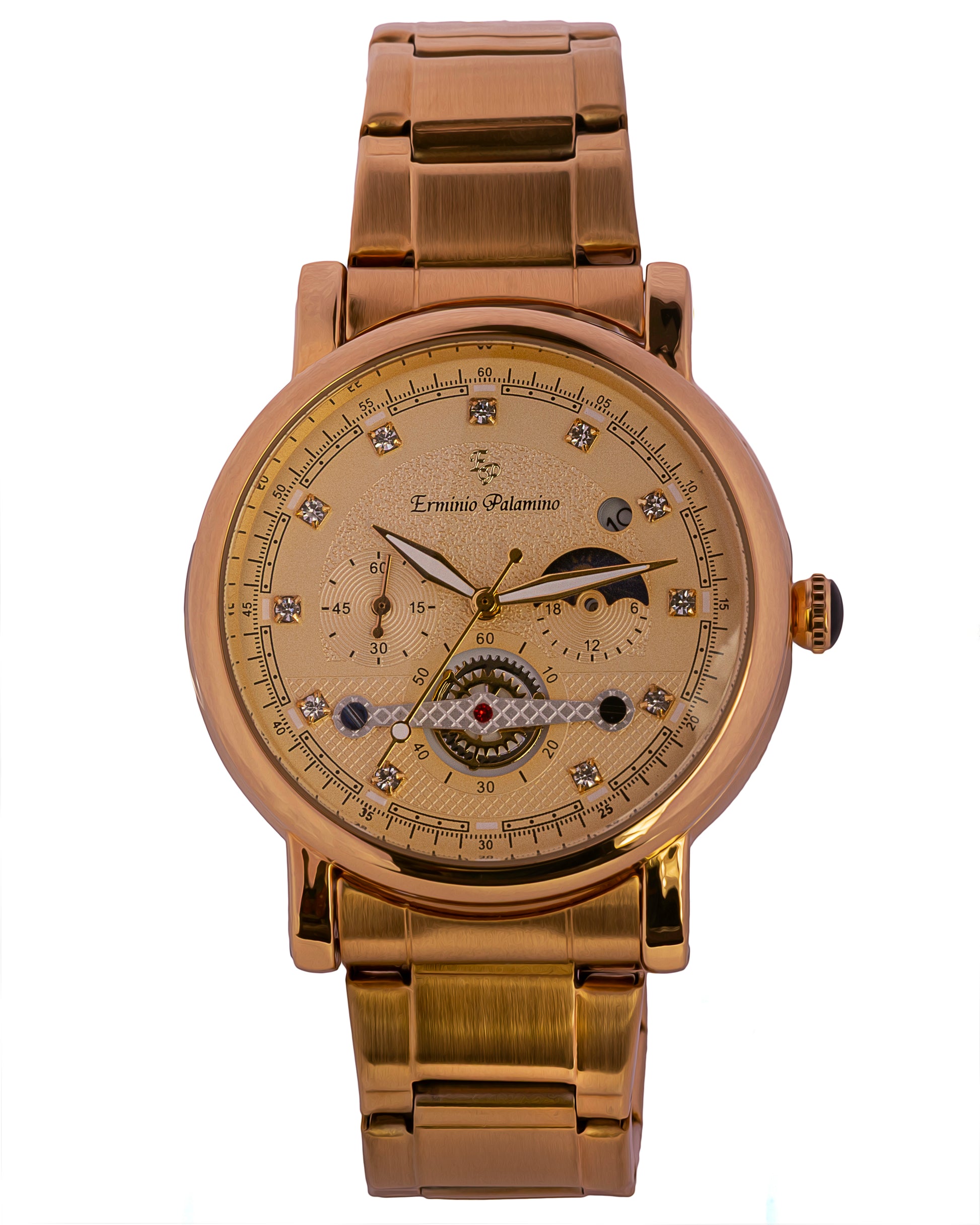 Erminio Palamino Gold-Tone Luxury Watch, Quartz Movement, Dial with Diamond Markers, Stainless Steel Band, Water Resistant