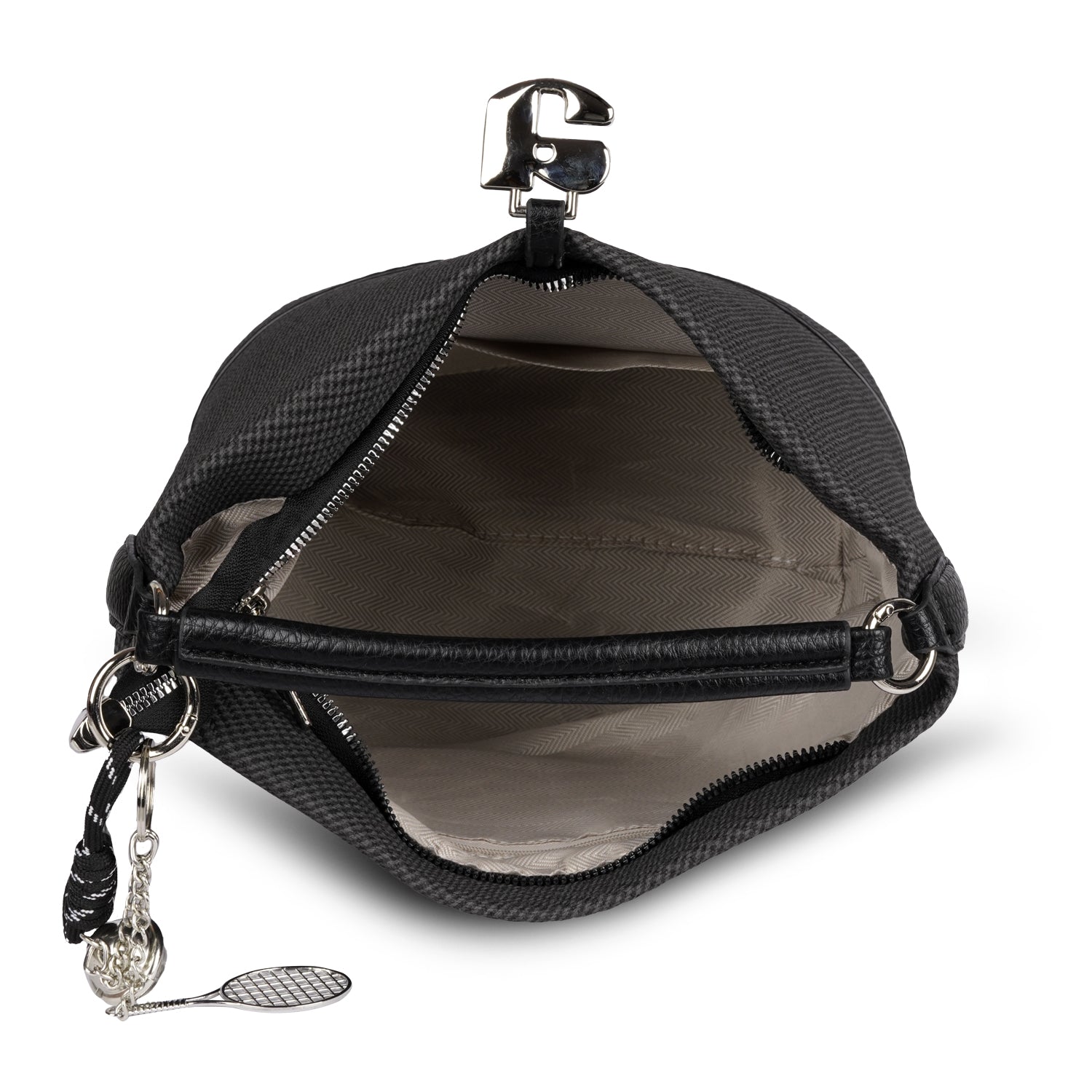 Erminio Palamino Designer Hobo Handbag, Textured Fabric, Silver Hardware with Decorative Charms