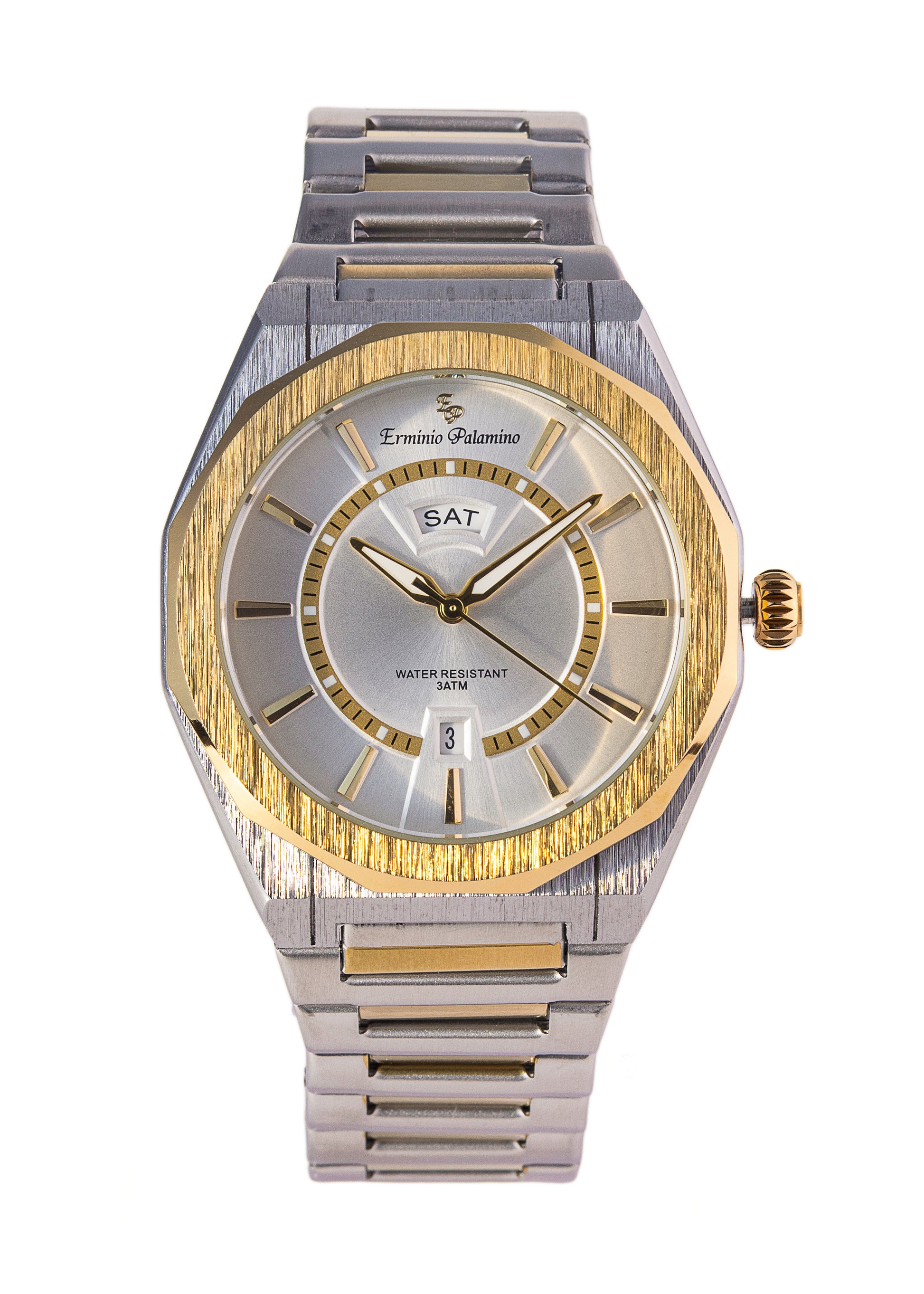 Erminio Palamino Royale Men's Luxury Watch, Two-Tone Gold and Silver, Textured Dial with Date Display, Water Resistant
