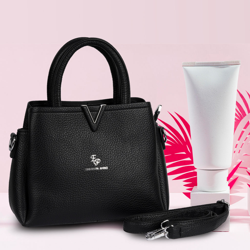 Erminio Palamino Premium Leather Handbag, Textured Tote with V-Detail, Double Handle Shoulder Bag with Zip Closure