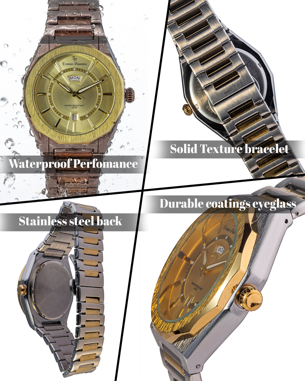 Erminio Palamino Royale Men's Luxury Watch, Two-Tone Gold and Silver, Textured Dial with Date Display, Water Resistant