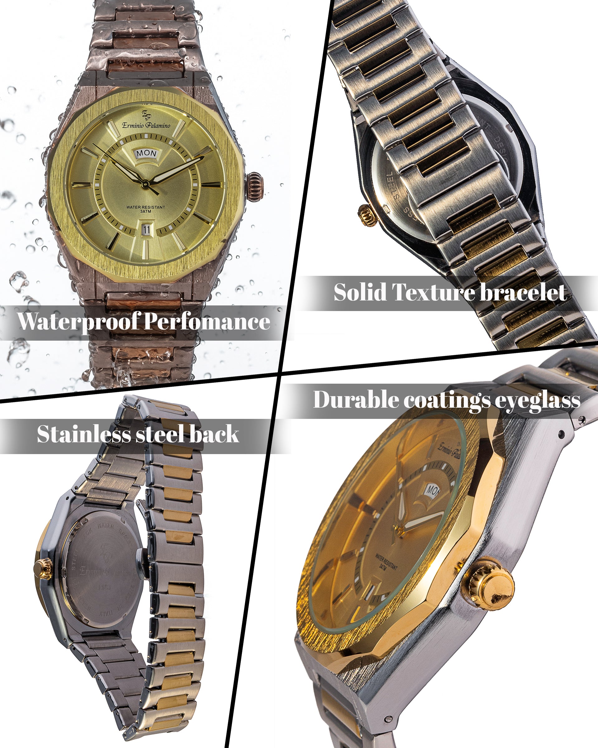 Erminio Palamino Royale Men's Luxury Watch, Two-Tone Gold and Silver, Textured Dial with Date Display, Water Resistant