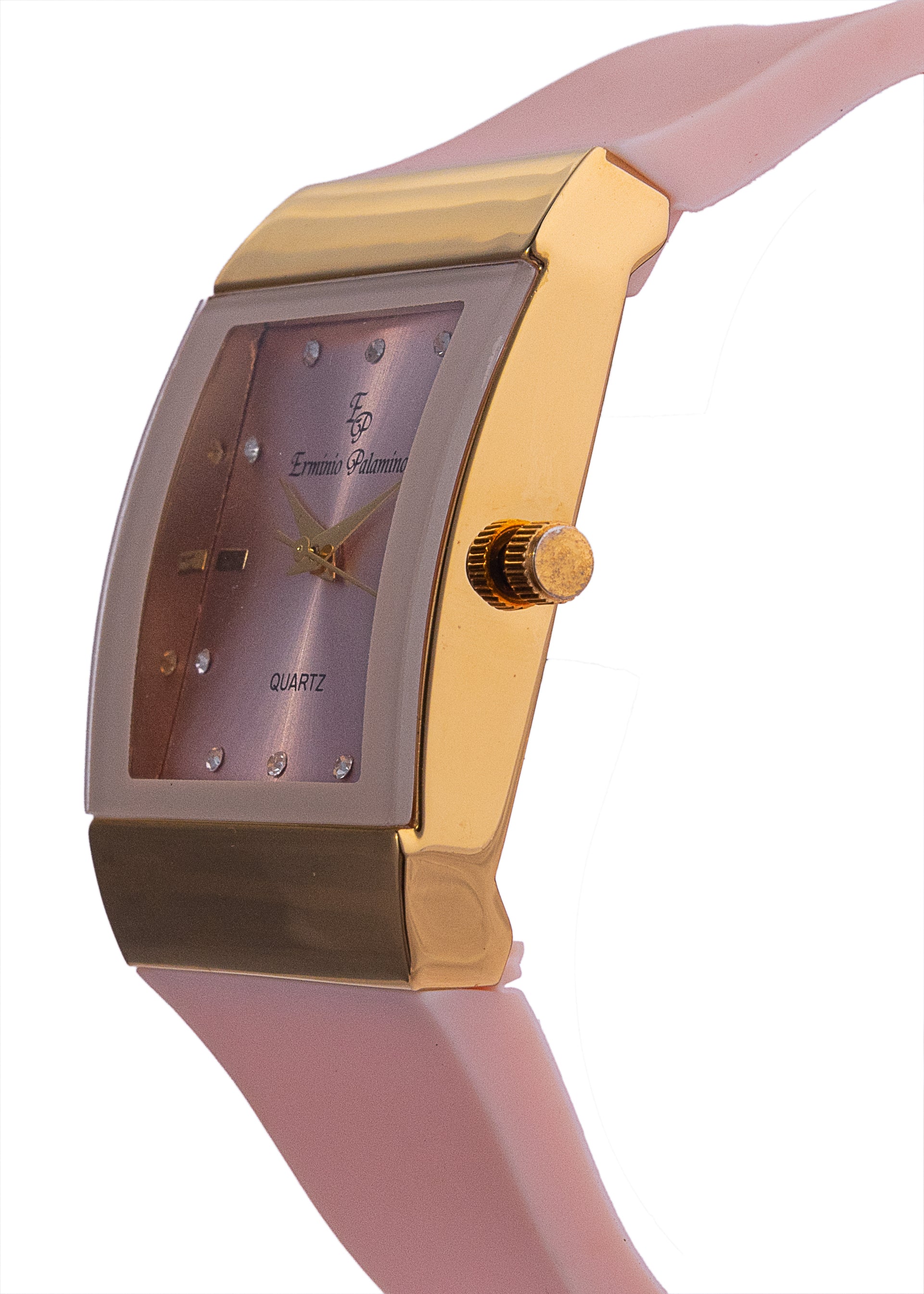 Erminio Palamino Ladies Rectagle Quartz Watch, Silicone Band, Gold-Tone Accents, Crystal Markers, Water Resistant
