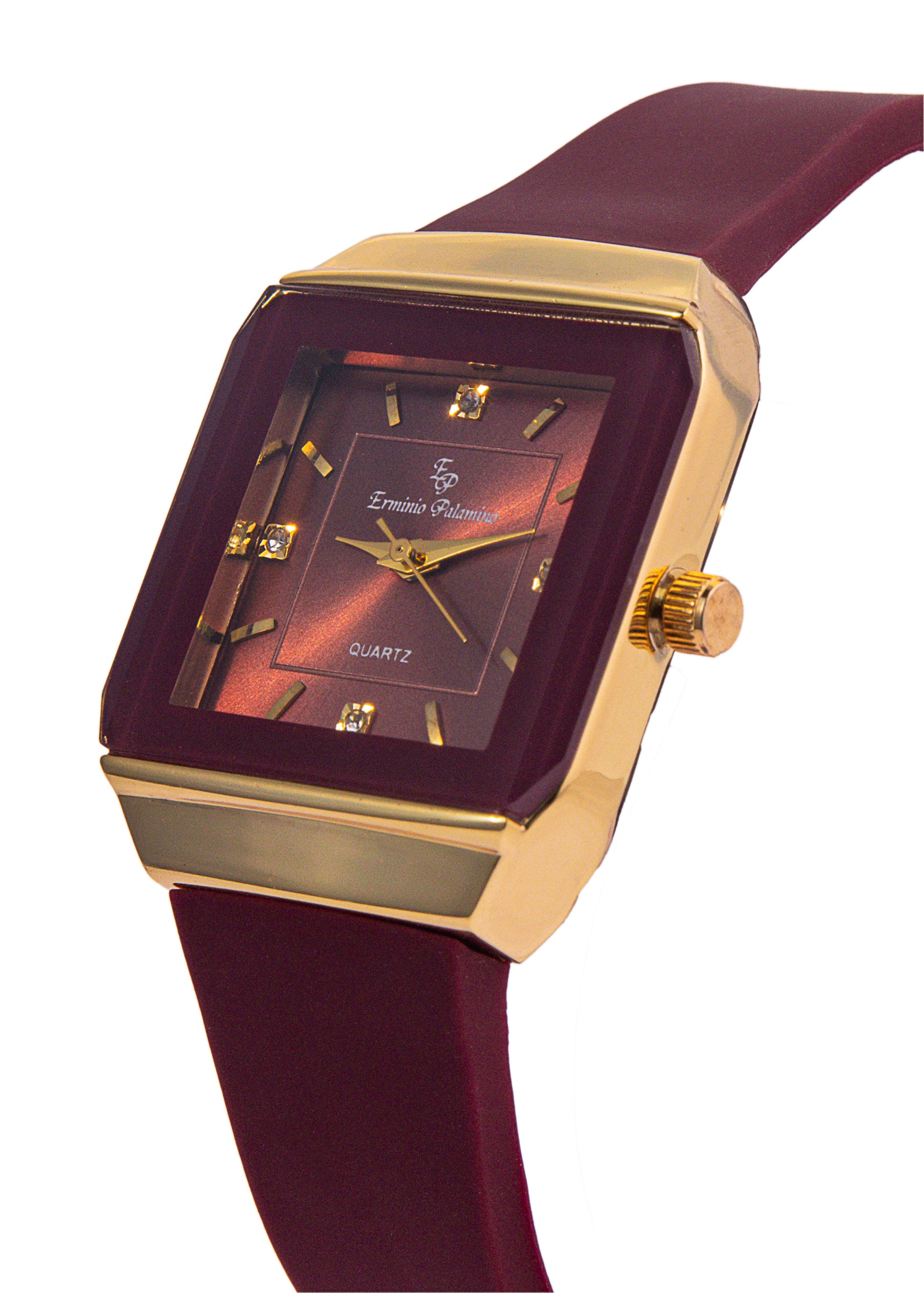 Erminio Palamino Ladies Elegant Square Quartz Watch, Slicone Band, Gold-Tone Case, Crystal Accents, Water Resistant