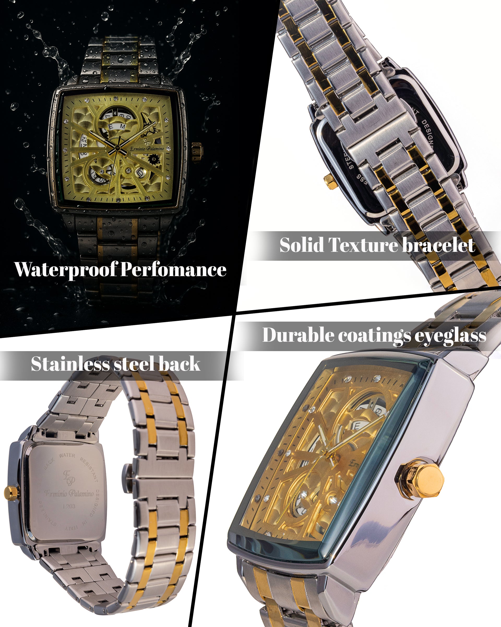 Erminio Palamino Royale - Luxury Skeleton Dial Quartz Square Men's Watch with Day-Date Display Stainless Steel Band, Water Resistant