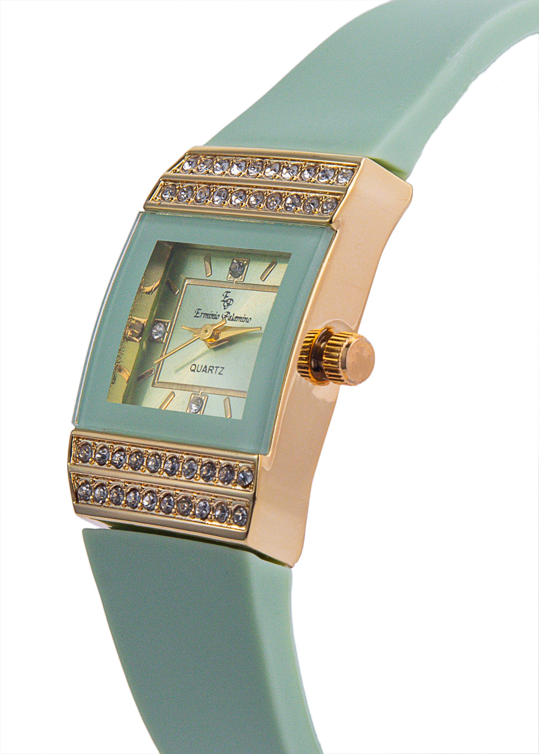 Erminio Palamino Ladies Luxury Quartz Watch, Gold-Tone Crystal Embellished, Vintage Square, Silicone Strap, Water Resistant