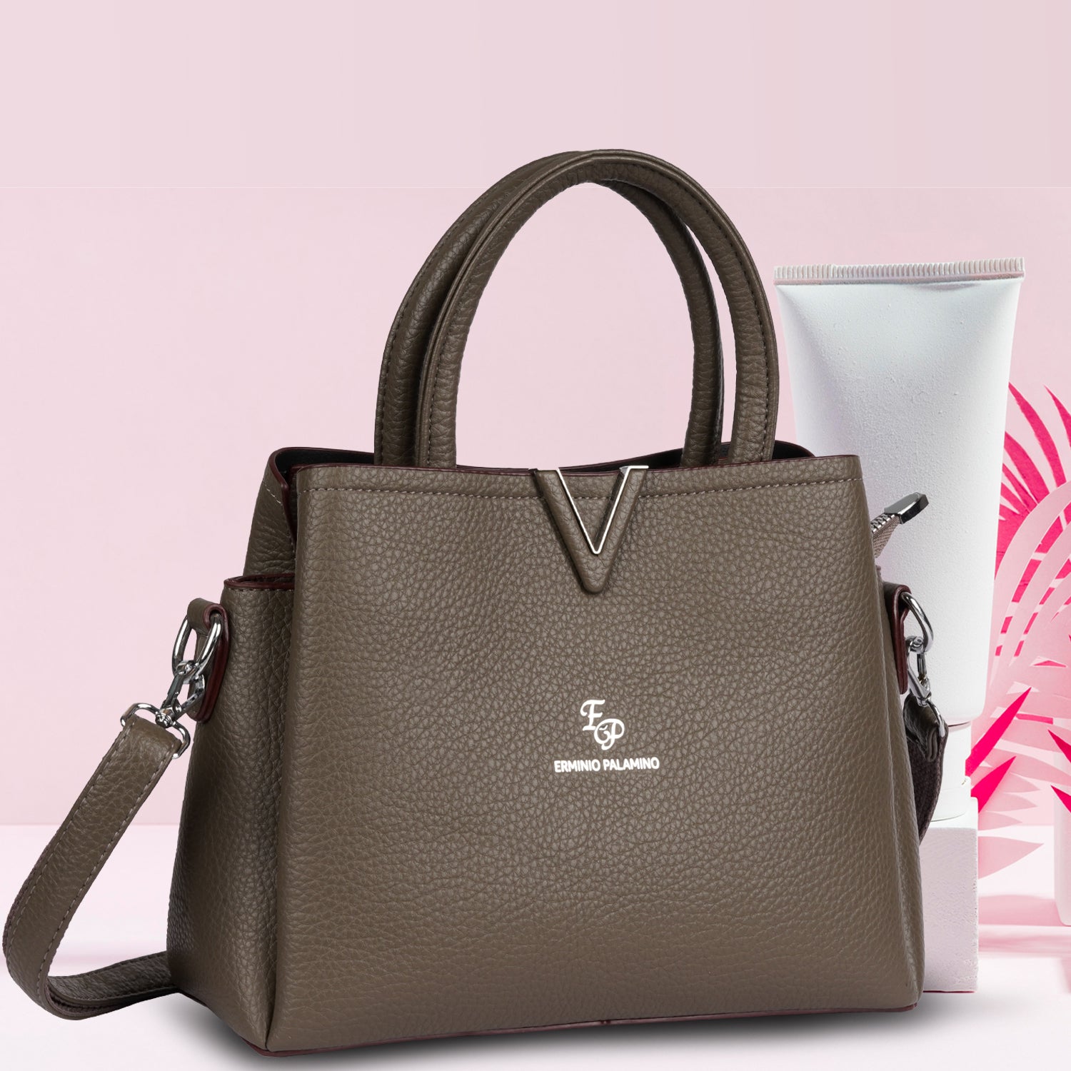 Erminio Palamino Premium Leather Handbag, Textured Tote with V-Detail, Double Handle Shoulder Bag with Zip Closure