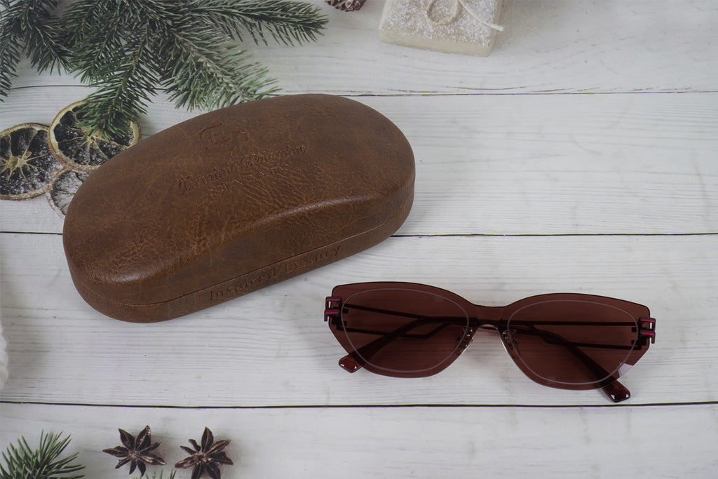 Erminio Palamino Unisex Rimless Cat-Eye Sunglasses, Brown Tinted Lens, Burgundy Metal Frame, Geometric Temple Design