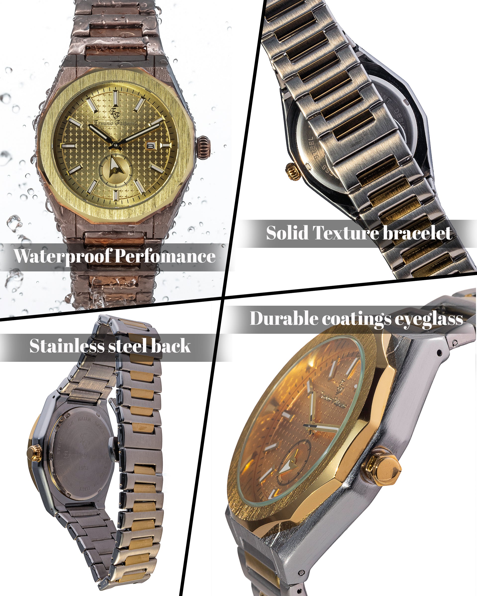 Erminio Palamino Royale Men's Luxury Watch, Two-Tone Gold and Silver, Textured Dial with Date Display, Water Resistant