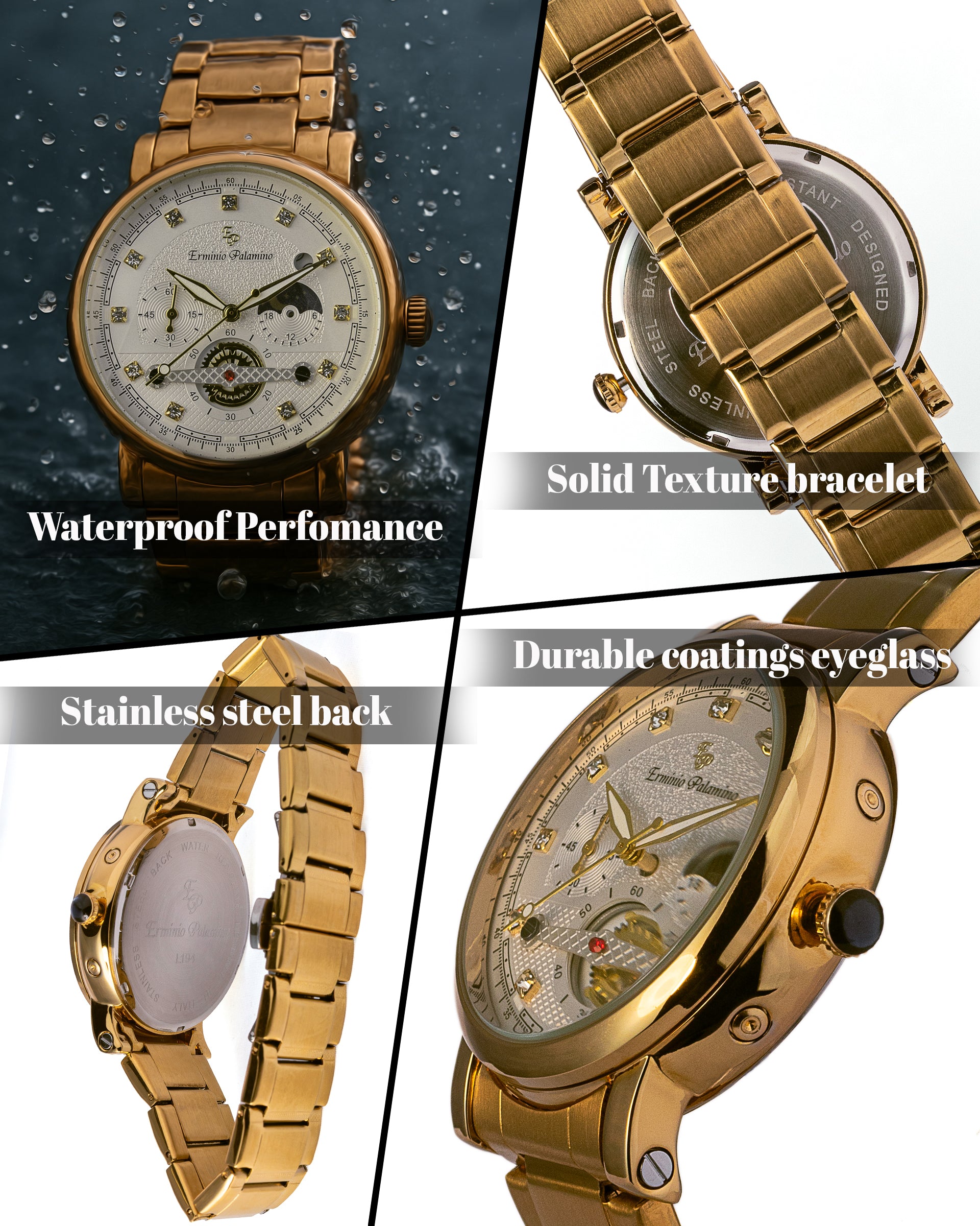 Erminio Palamino Gold-Tone Luxury Watch, Quartz Movement, Dial with Diamond Markers, Stainless Steel Band, Water Resistant