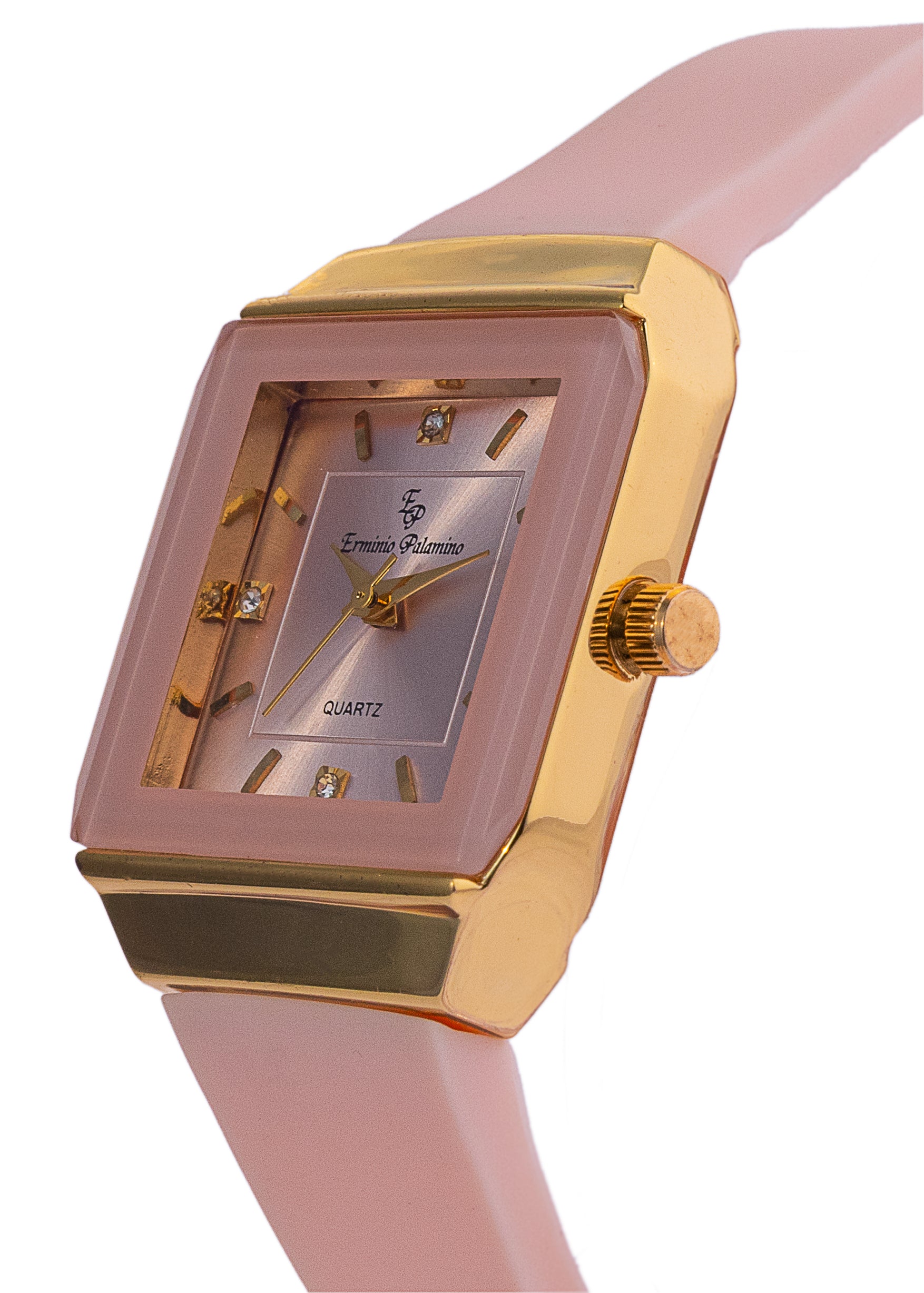 Erminio Palamino Ladies Elegant Square Quartz Watch, Slicone Band, Gold-Tone Case, Crystal Accents, Water Resistant
