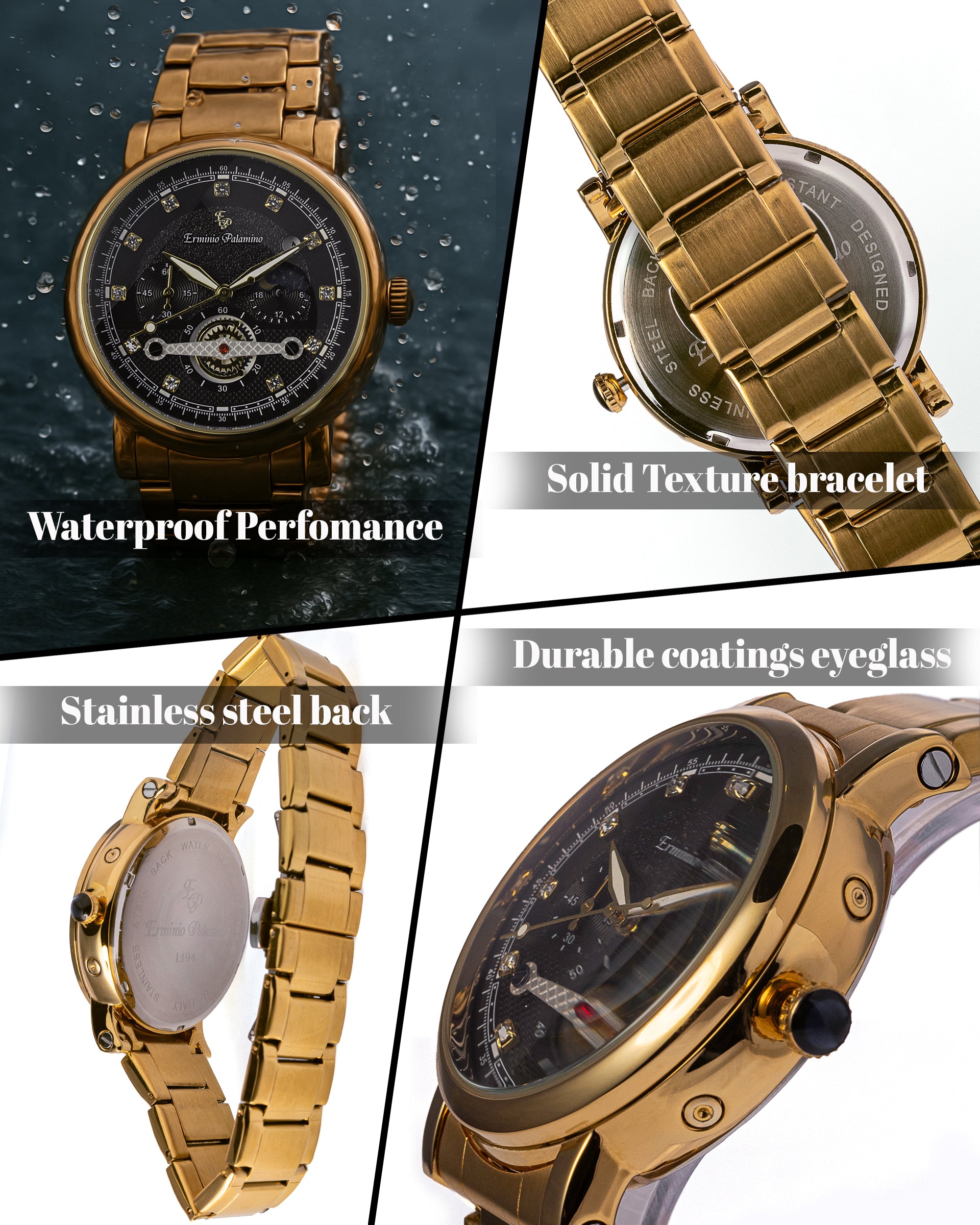 Erminio Palamino Gold-Tone Luxury Watch, Quartz Movement, Dial with Diamond Markers, Stainless Steel Band, Water Resistant