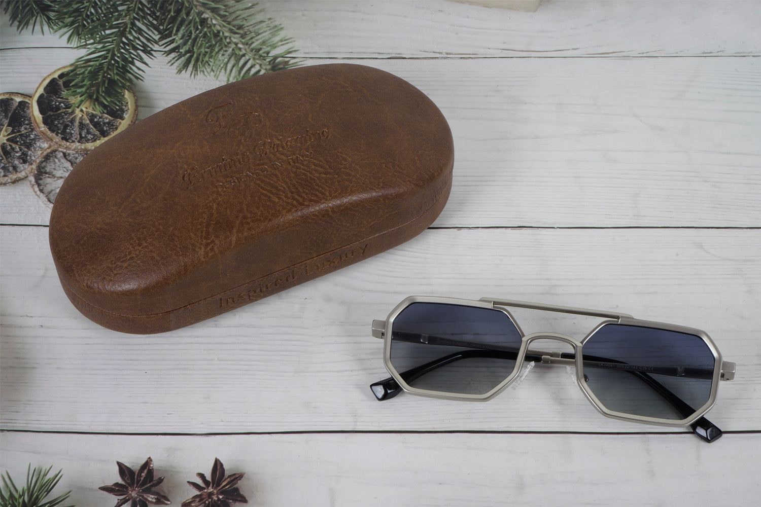 Erminio Palamino Geometric Octagonal Unisex Sunglasses with Double Bridge, Metal Frame, Gradient Lenses