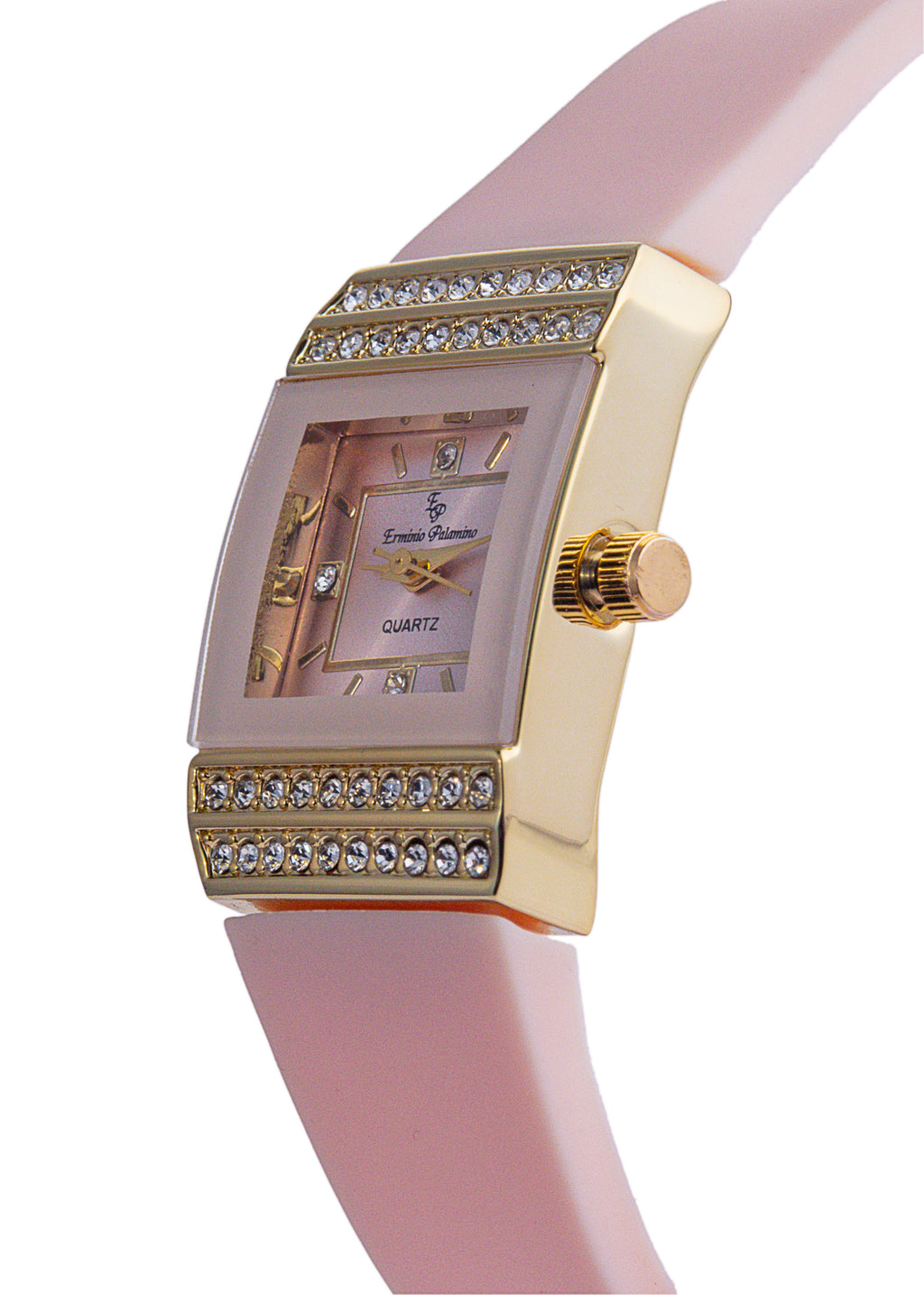 Erminio Palamino Ladies Luxury Quartz Watch, Gold-Tone Crystal Embellished, Vintage Square, Silicone Strap, Water Resistant