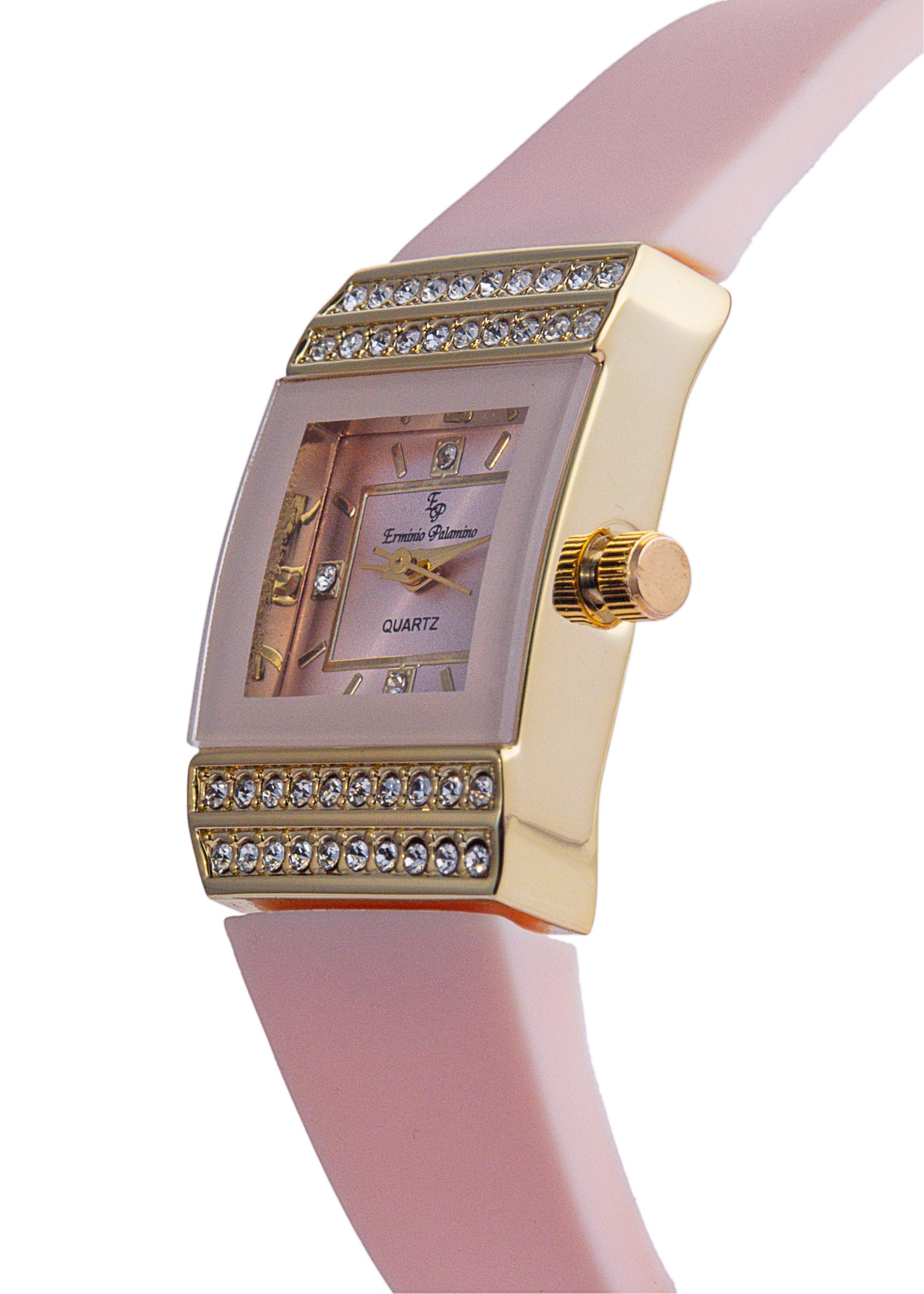 Erminio Palamino Ladies Luxury Quartz Watch, Gold-Tone Crystal Embellished, Vintage Square, Silicone Strap, Water Resistant