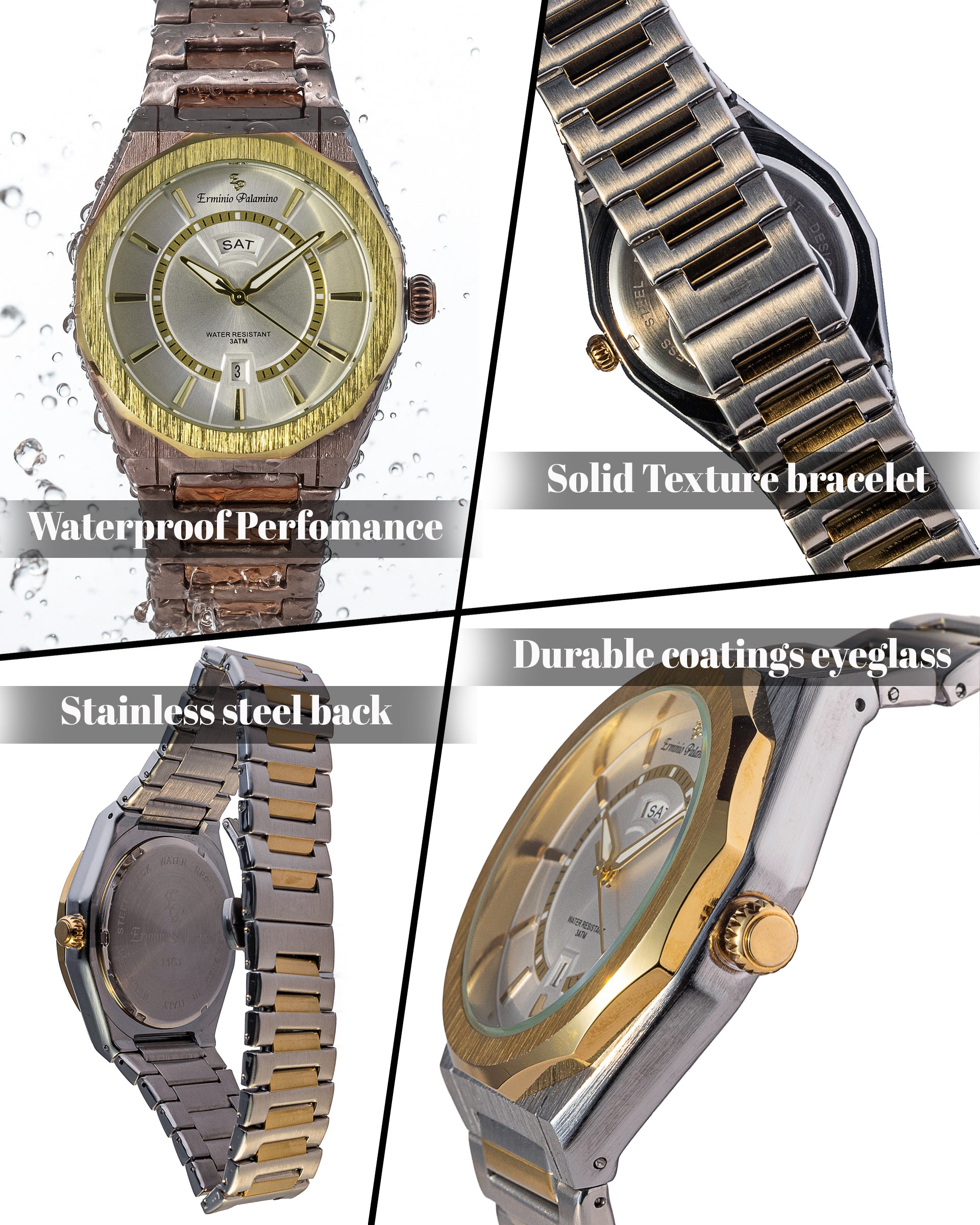 Erminio Palamino Royale Men's Luxury Watch, Two-Tone Gold and Silver, Textured Dial with Date Display, Water Resistant