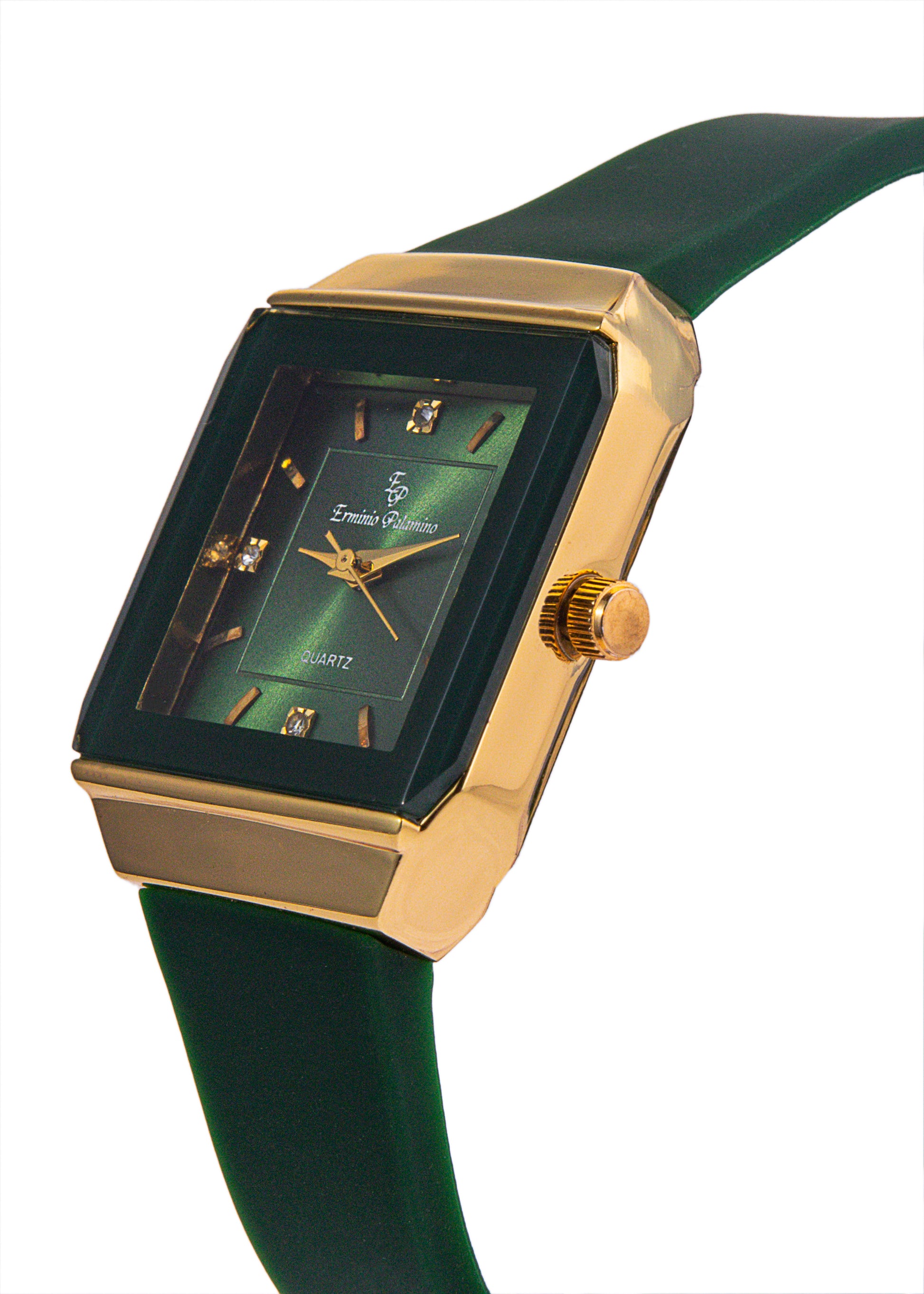 Erminio Palamino Ladies Elegant Square Quartz Watch, Slicone Band, Gold-Tone Case, Crystal Accents, Water Resistant